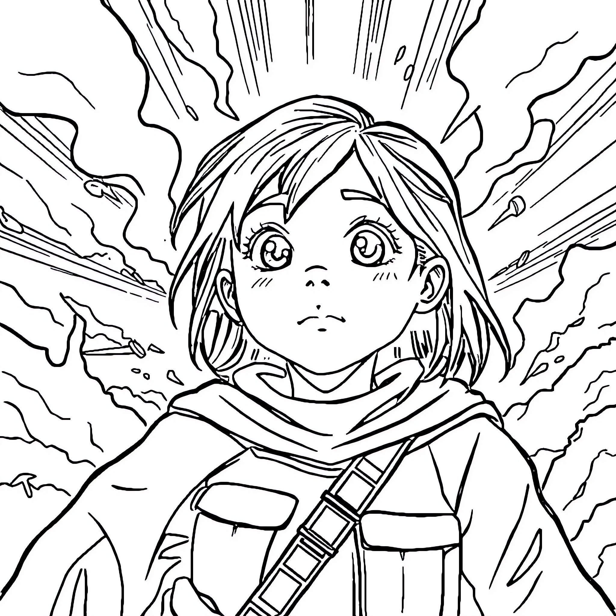Girl facing dramatic lightning storm Coloring Page (free black-and-white line drawing printable PDF for all, from beginners to advanced learners, including children, teens, adults, and seniors)