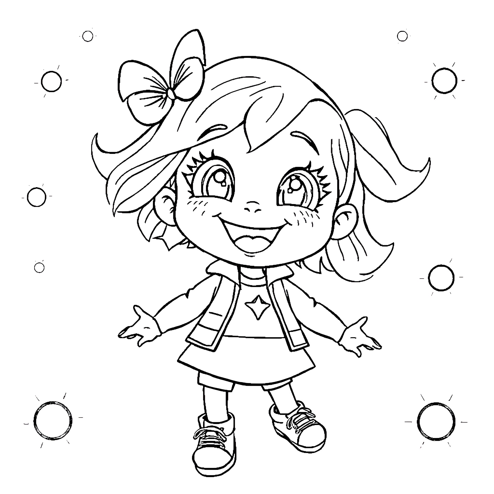 Bimbo girl in cheerful pose with bow Coloring Page (free black-and-white line drawing printable PDF for all, from beginners to advanced learners, including children, teens, adults, and seniors)
