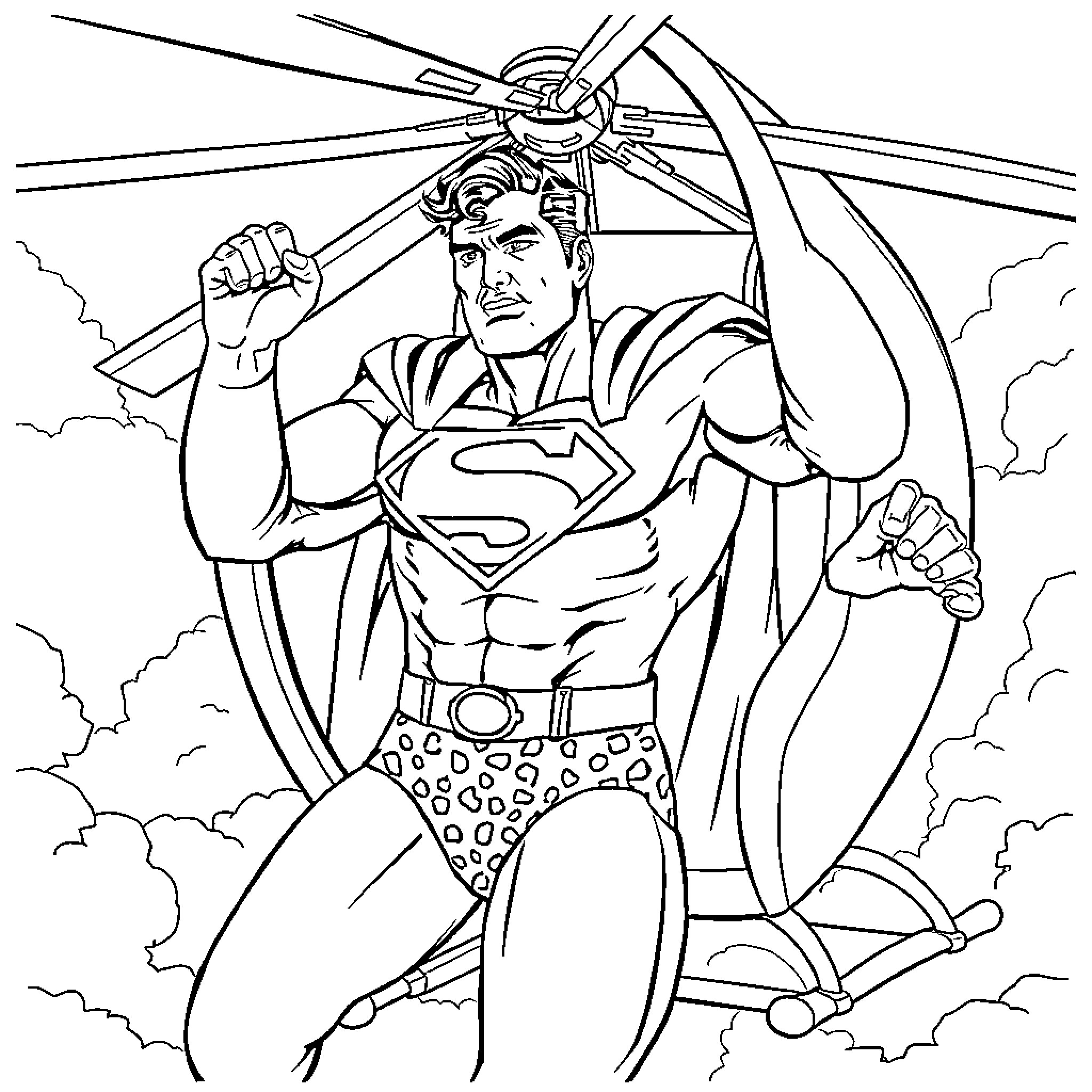 Superman's heroic pose amidst cloudy skies Coloring Page (free black-and-white line drawing printable PDF for all, from beginners to advanced learners, including children, teens, adults, and seniors)