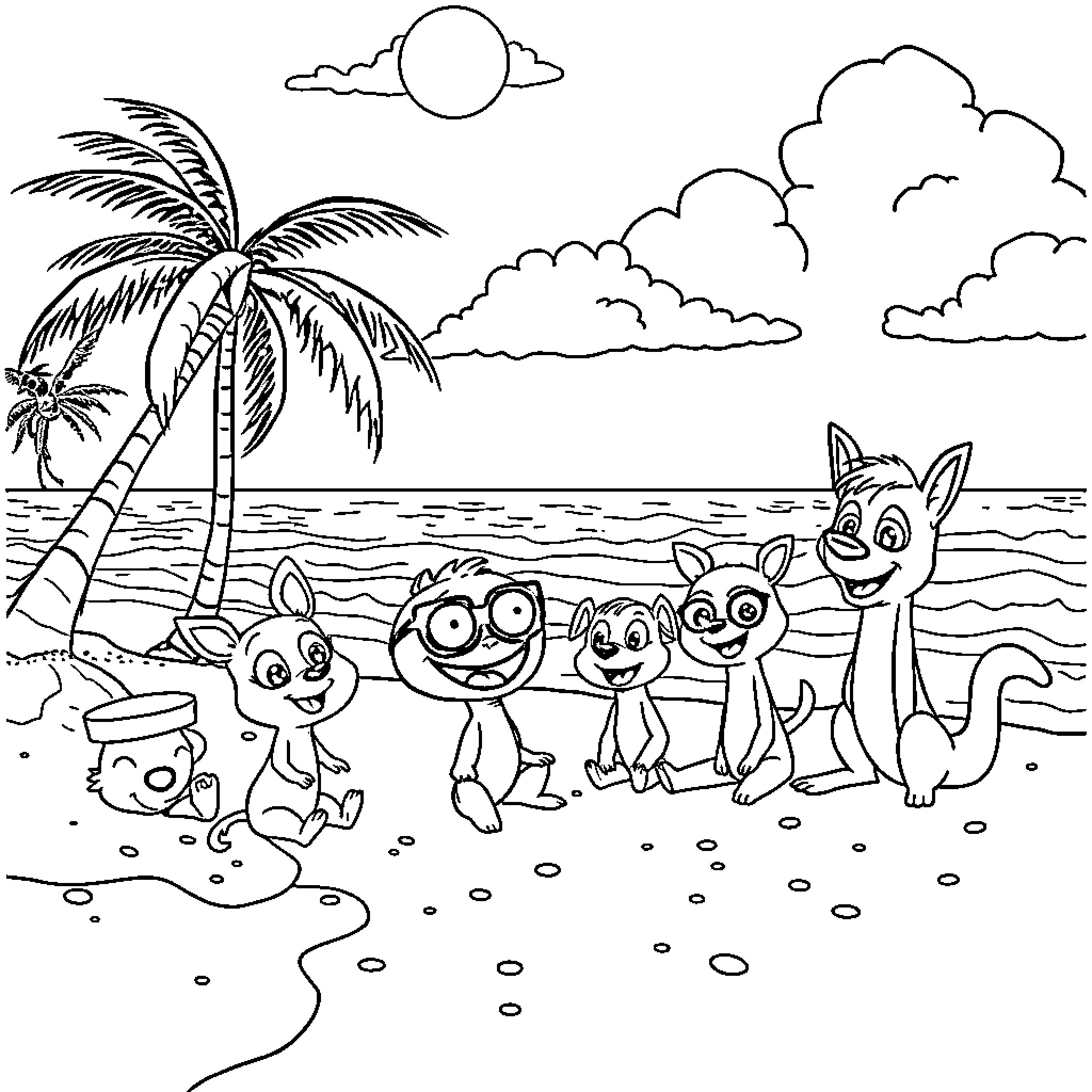 Zootropolis characters playing on tropical beach Coloring Page (free black-and-white line drawing printable PDF for all, from beginners to advanced learners, including children, teens, adults, and seniors)