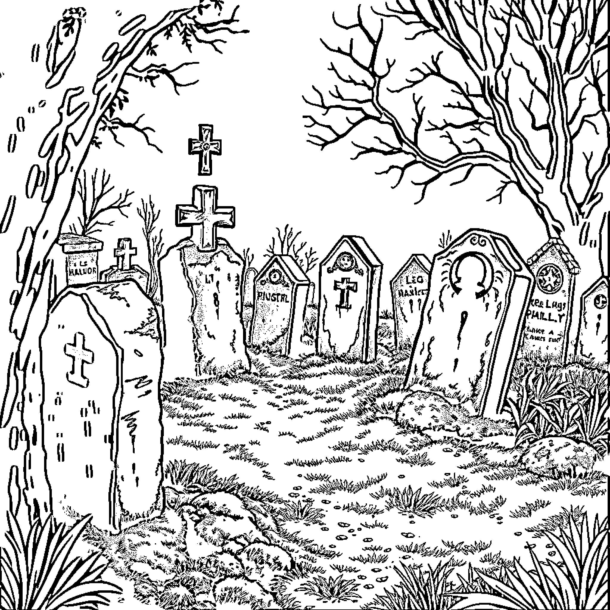 Graveyard Filled with Crosses and Tombstones Coloring Page (free black-and-white line drawing printable PDF for all, from beginners to advanced learners, including children, teens, adults, and seniors)