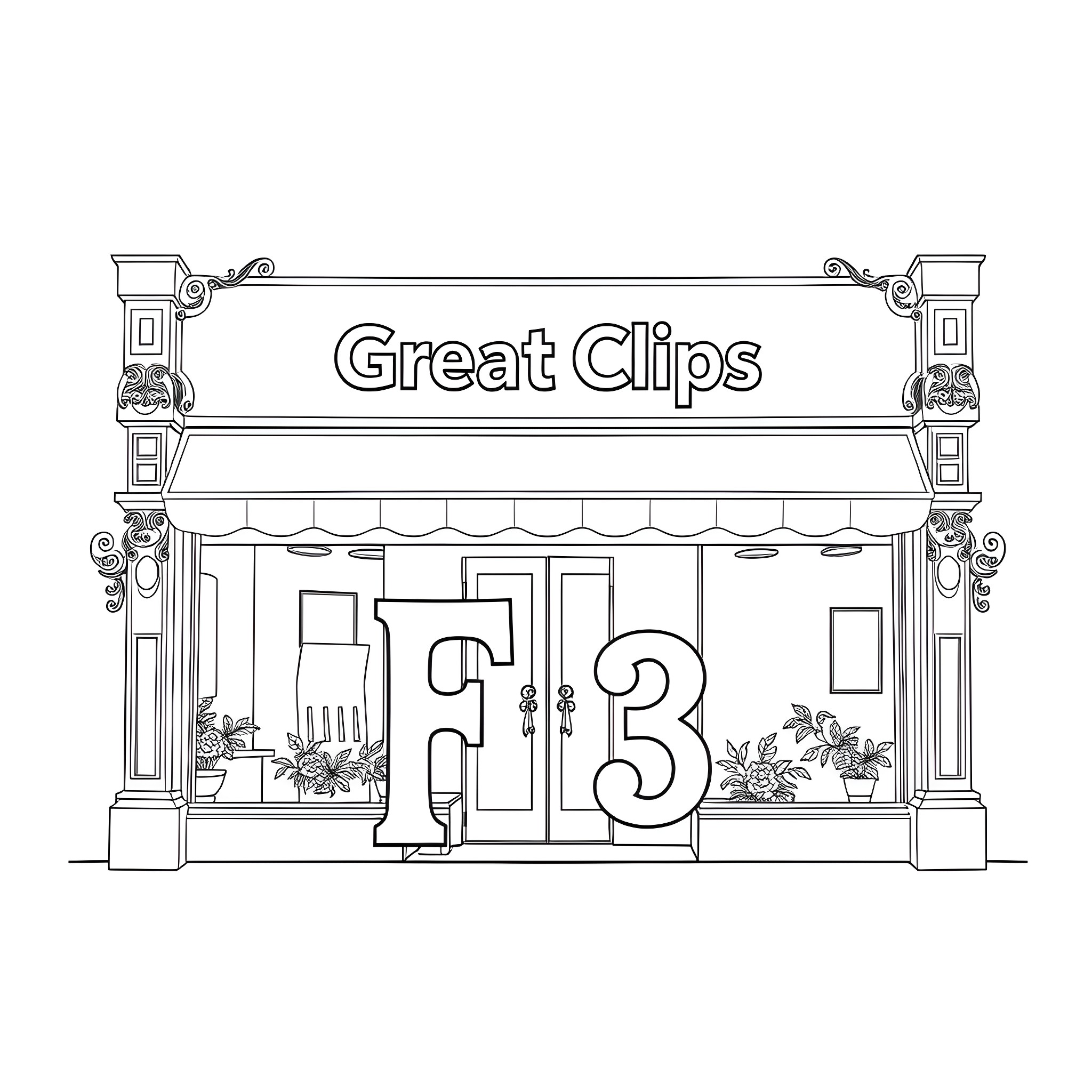 Sign of a store called Great Clips Coloring Page (free black-and-white line drawing printable PDF for all, from beginners to advanced learners, including children, teens, adults, and seniors)