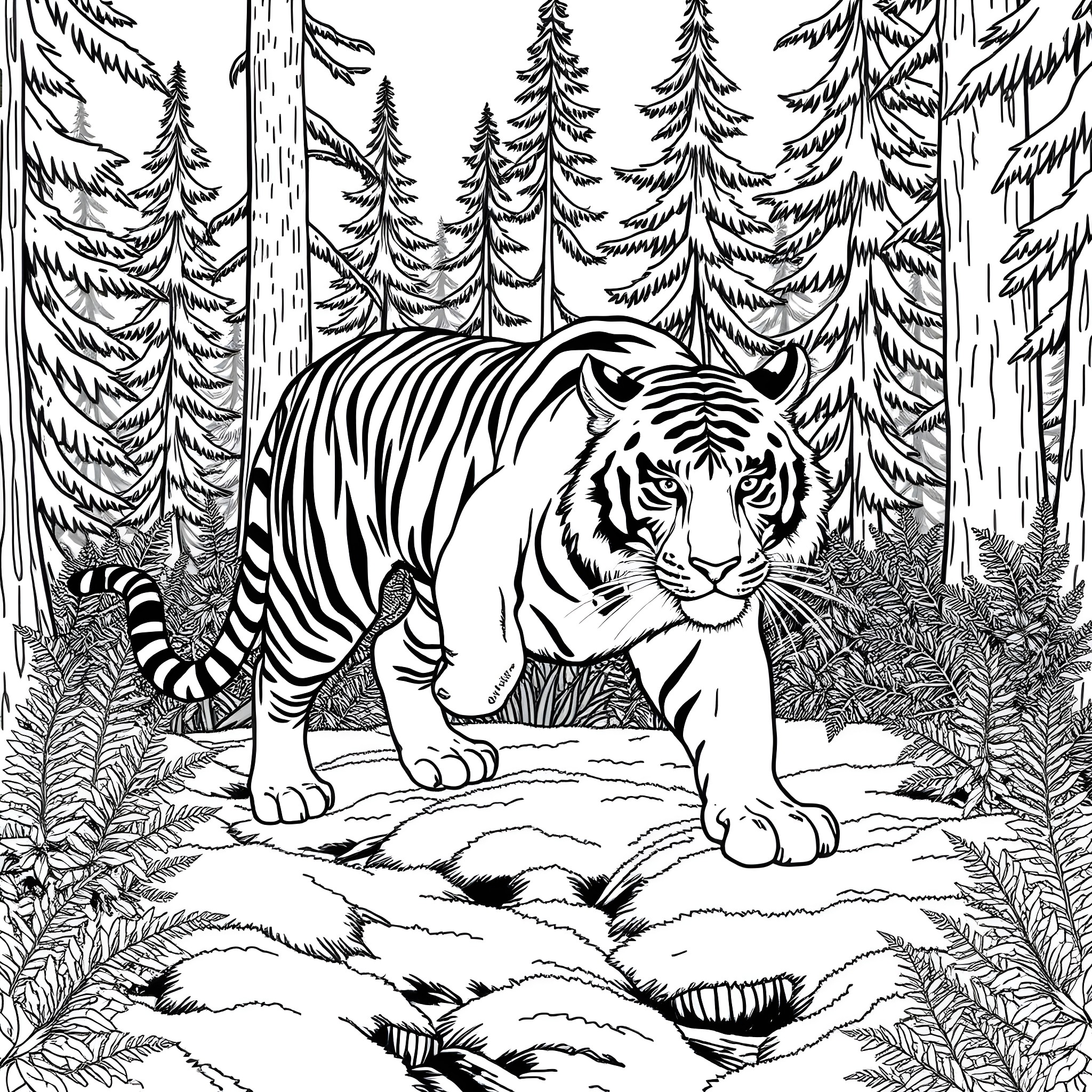 Tiger Standing Majestically in the Snowy Forest Coloring Page (free black-and-white line drawing printable PDF for all, from beginners to advanced learners, including children, teens, adults, and seniors)