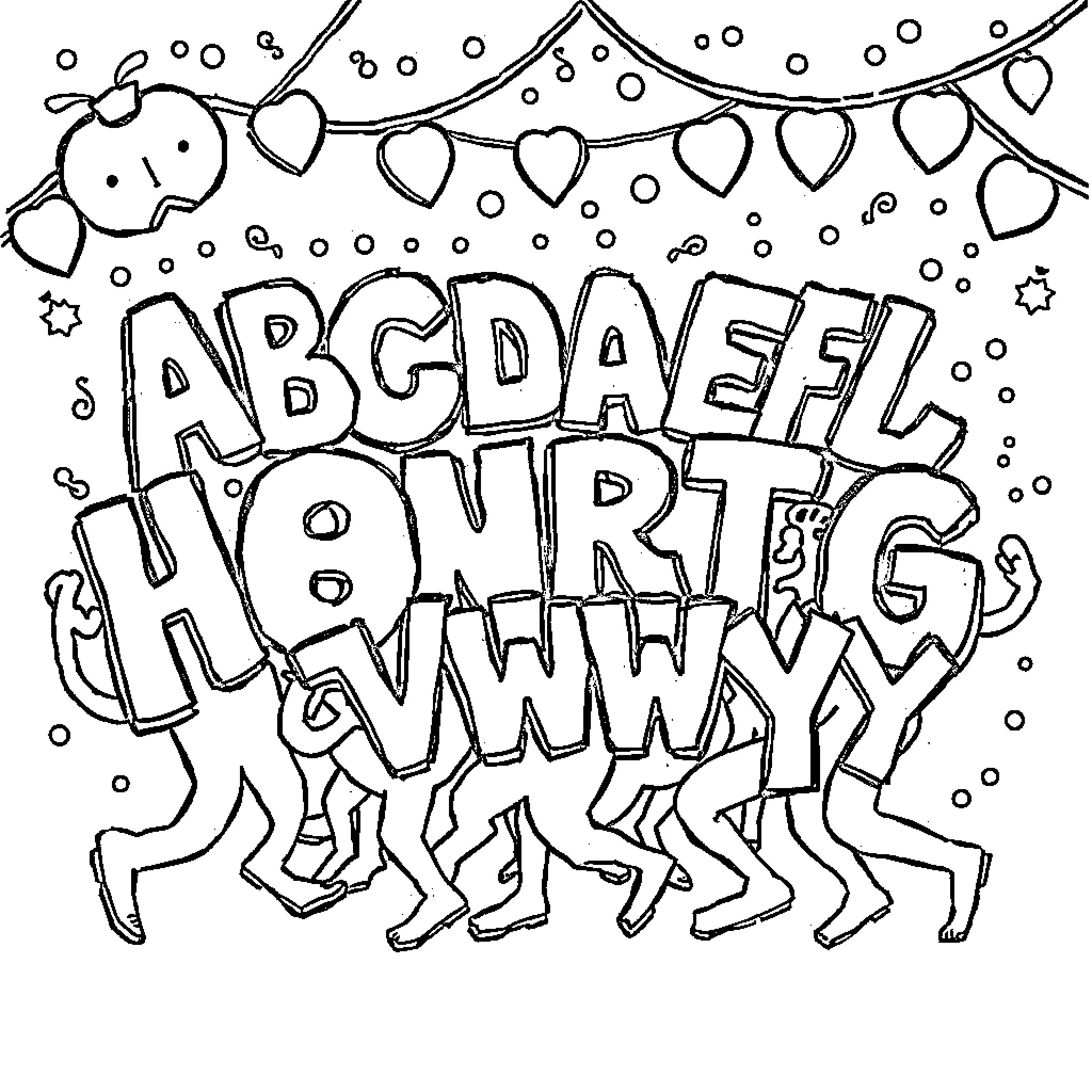 Alphabet figures dancing under festive lights Coloring Page (free black-and-white line drawing printable PDF for all, from beginners to advanced learners, including children, teens, adults, and seniors)