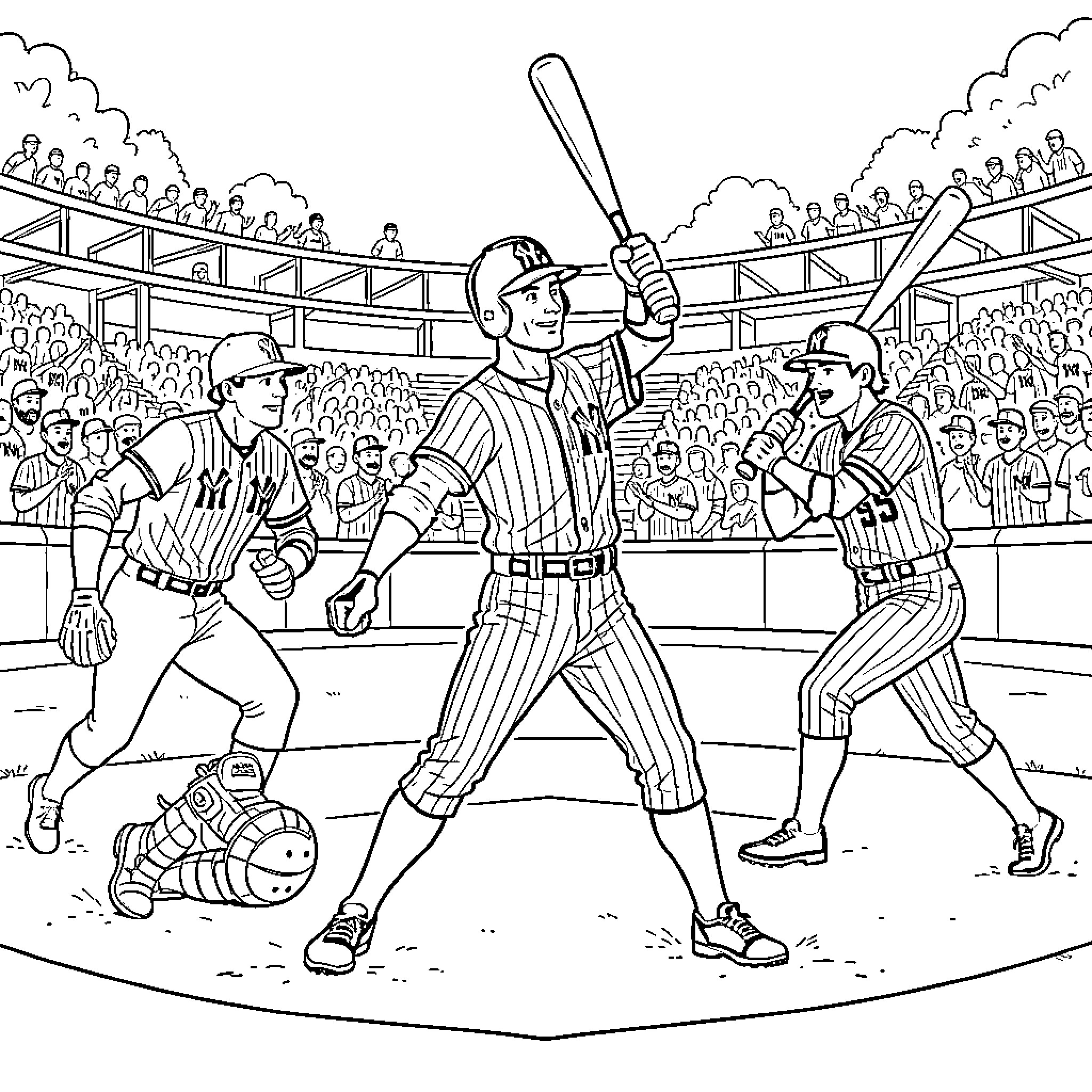 Yankees baseball players preparing to hit in a stadium Coloring Page (free black-and-white line drawing printable PDF for all, from beginners to advanced learners, including children, teens, adults, and seniors)