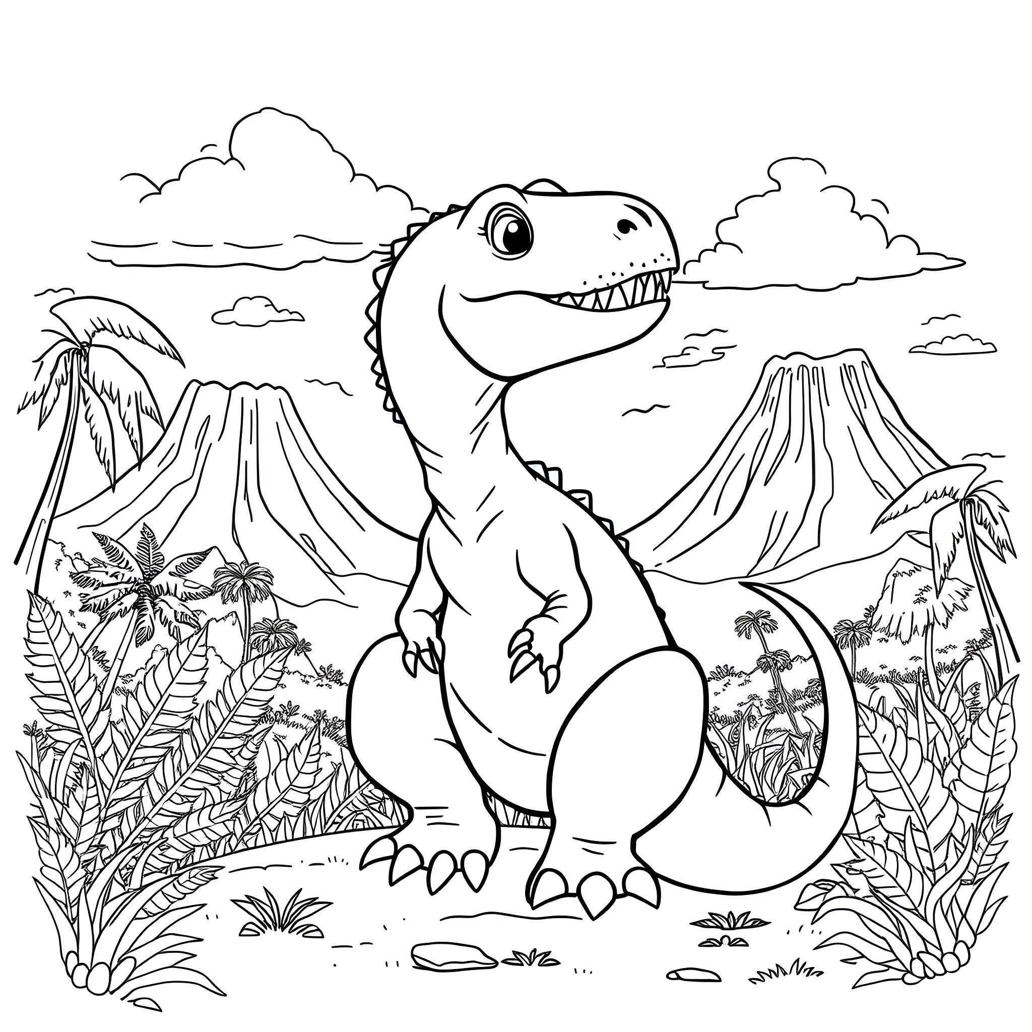 Dinosaur exploring prehistoric landscape Coloring Page (free black-and-white line drawing printable PDF for all, from beginners to advanced learners, including children, teens, adults, and seniors)