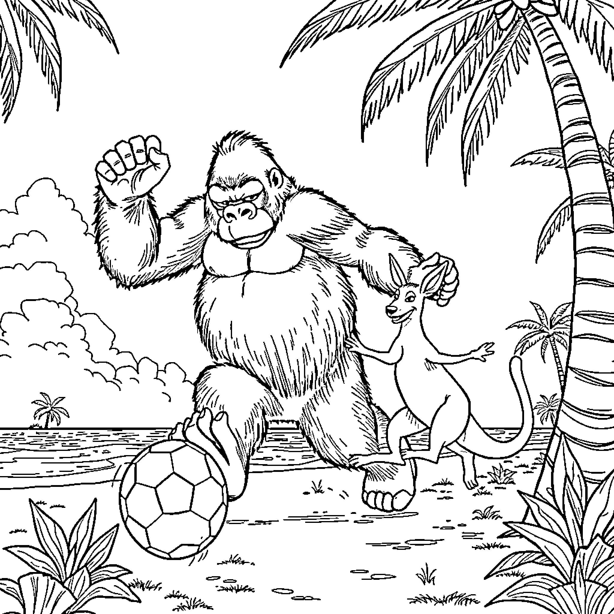 Gorilla playing with animals on tropical beach Coloring Page (free black-and-white line drawing printable PDF for all, from beginners to advanced learners, including children, teens, adults, and seniors)