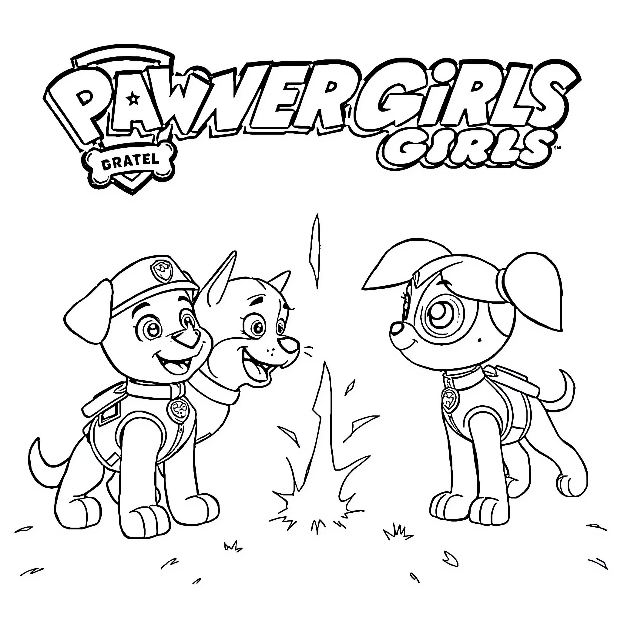 Paw Patrol Girls on an Adventure Coloring Page (free black-and-white line drawing printable PDF for all, from beginners to advanced learners, including children, teens, adults, and seniors)