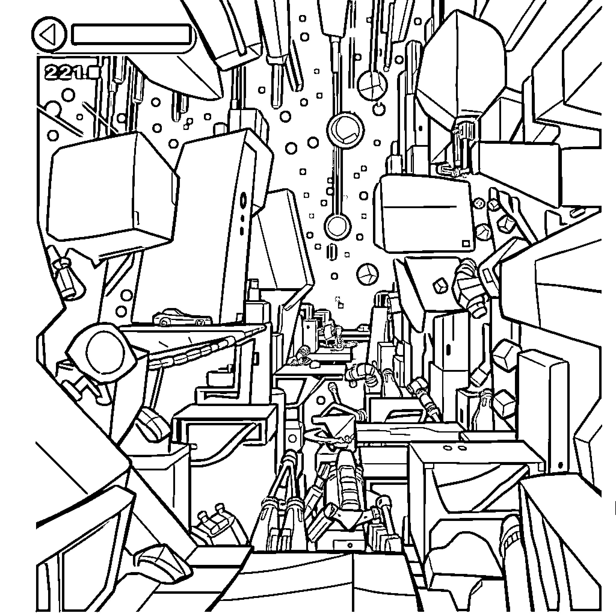 Menace of Mechanical Marvels Coloring Page (free black-and-white line drawing printable PDF for all, from beginners to advanced learners, including children, teens, adults, and seniors)