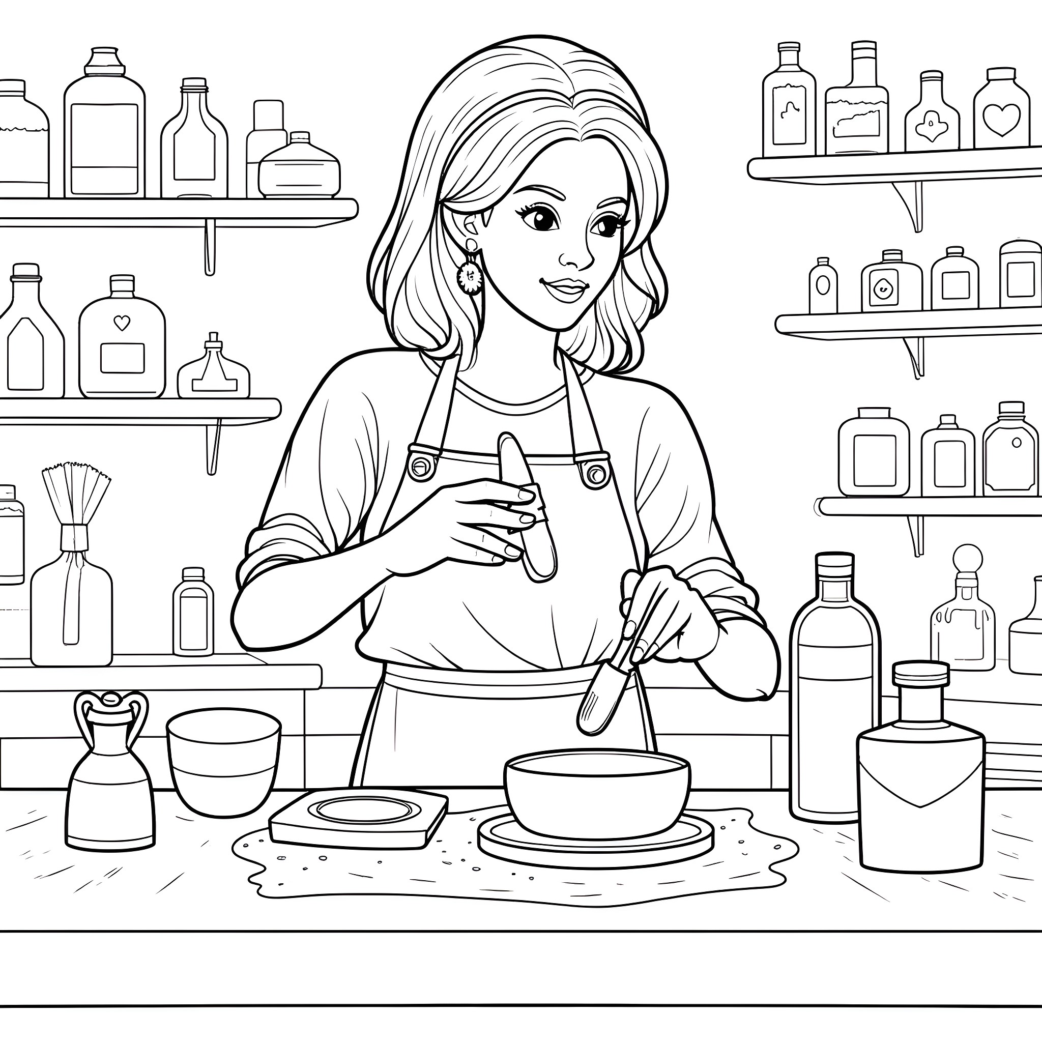 Lady Preparing a Meal in the Kitchen Coloring Page (free black-and-white line drawing printable PDF for all, from beginners to advanced learners, including children, teens, adults, and seniors)