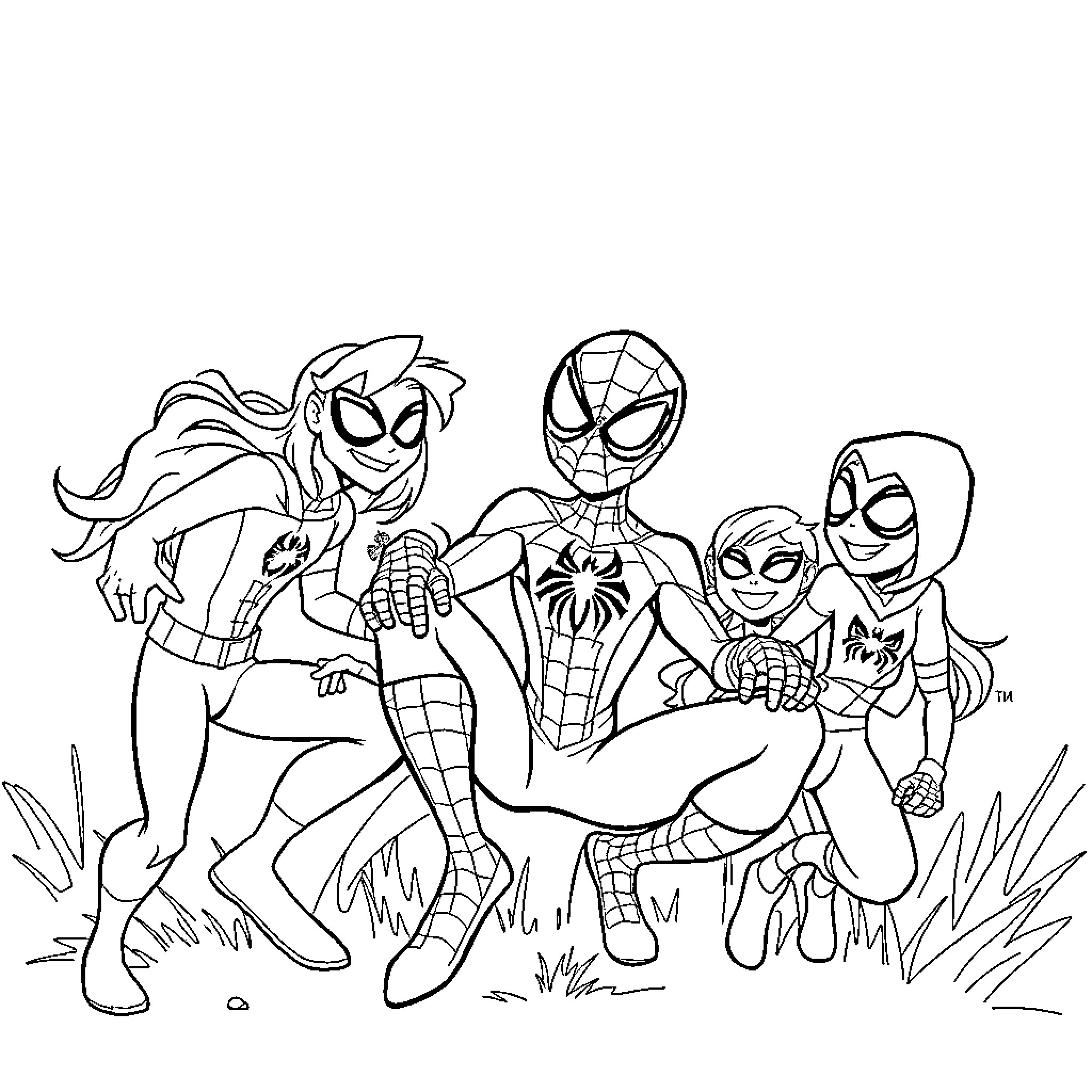Spidey characters in an outdoor scene Coloring Page (free black-and-white line drawing printable PDF for all, from beginners to advanced learners, including children, teens, adults, and seniors)