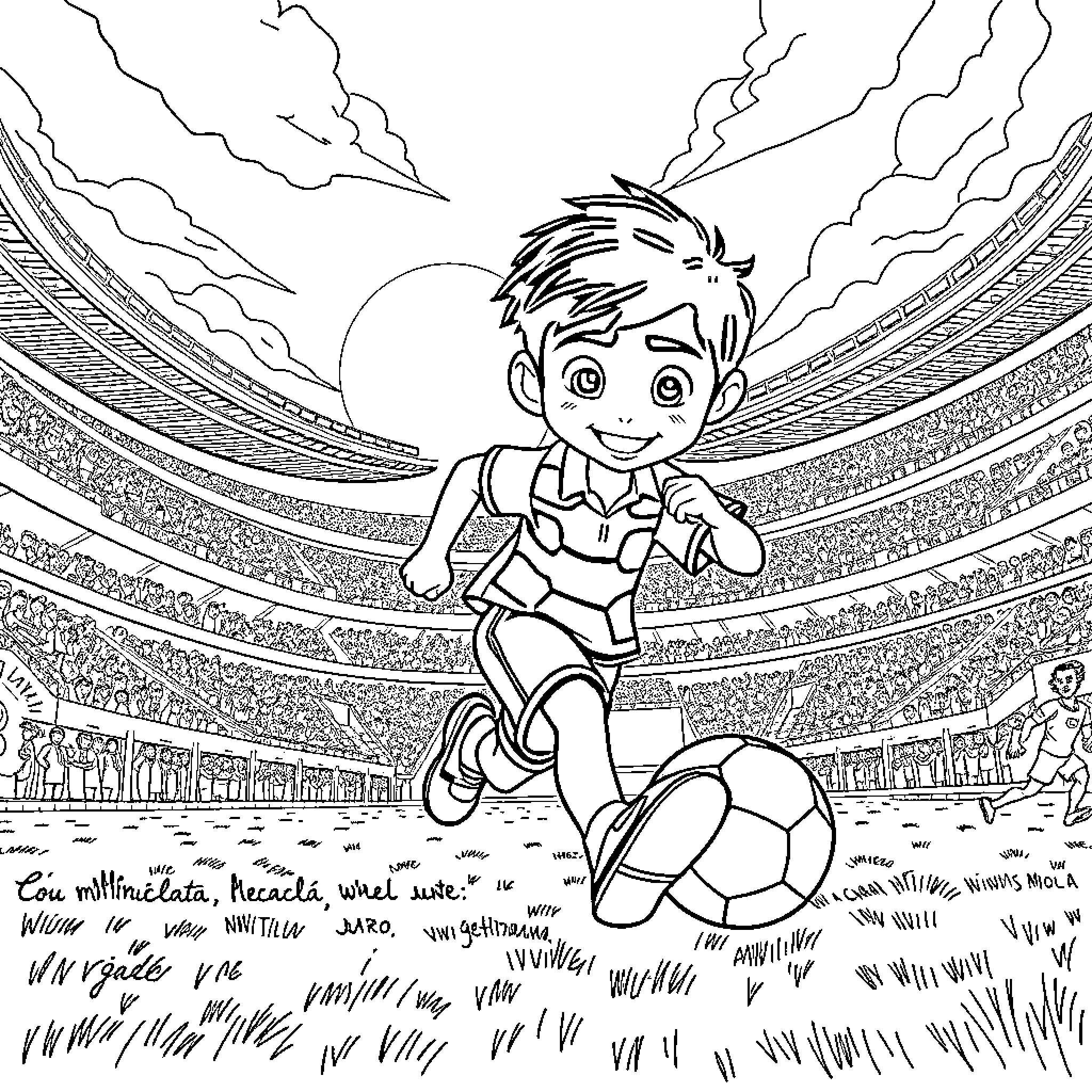 Miguel playing soccer in the stadium Coloring Page (free black-and-white line drawing printable PDF for all, from beginners to advanced learners, including children, teens, adults, and seniors)