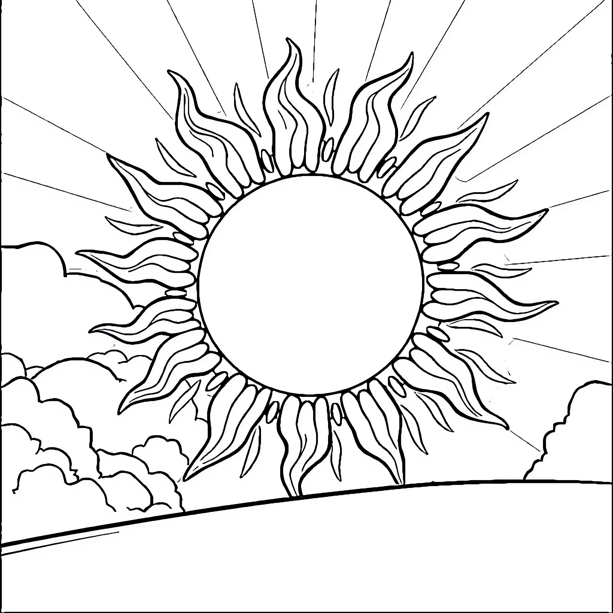 Sun shining brightly in the sky Coloring Page (free black-and-white line drawing printable PDF for all, from beginners to advanced learners, including children, teens, adults, and seniors)