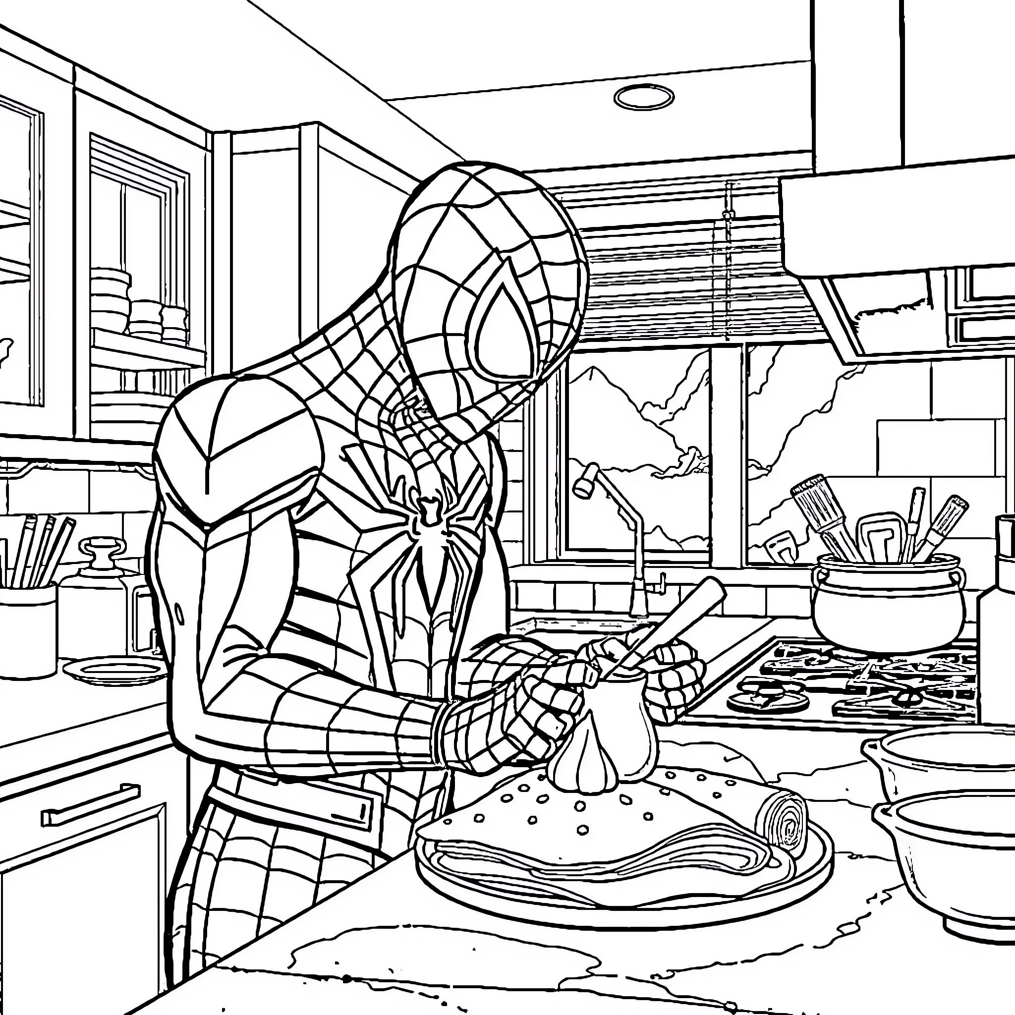 Spiderman cooking in the kitchen Coloring Page (free black-and-white line drawing printable PDF for all, from beginners to advanced learners, including children, teens, adults, and seniors)