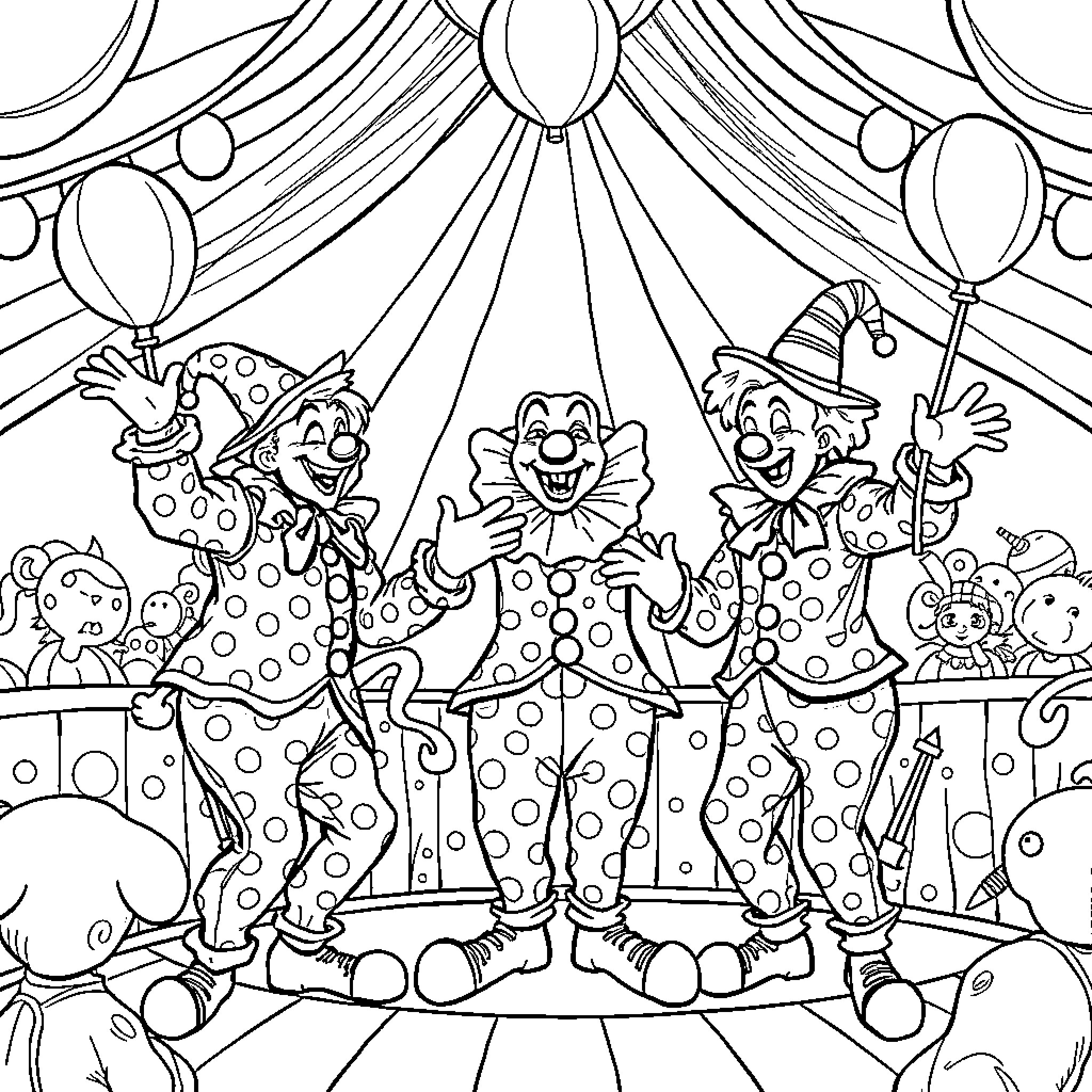 Clowns performing joyful circus acts Coloring Page (free black-and-white line drawing printable PDF for all, from beginners to advanced learners, including children, teens, adults, and seniors)