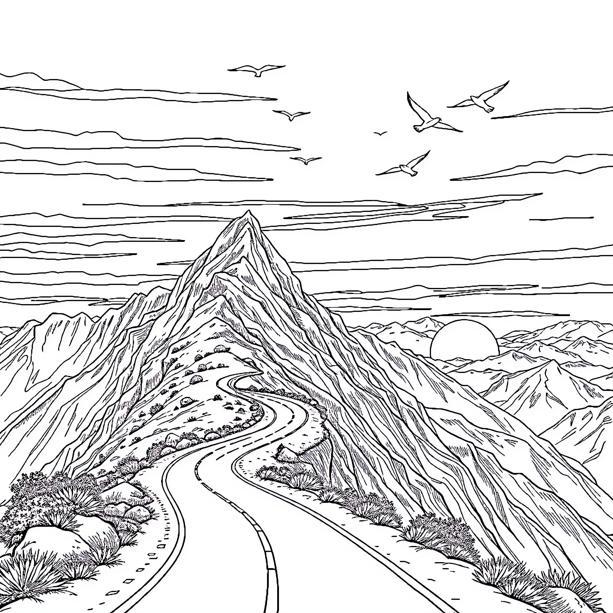 Road winding through scenic mountainous landscape Coloring Page (free black-and-white line drawing printable PDF for all, from beginners to advanced learners, including children, teens, adults, and seniors)