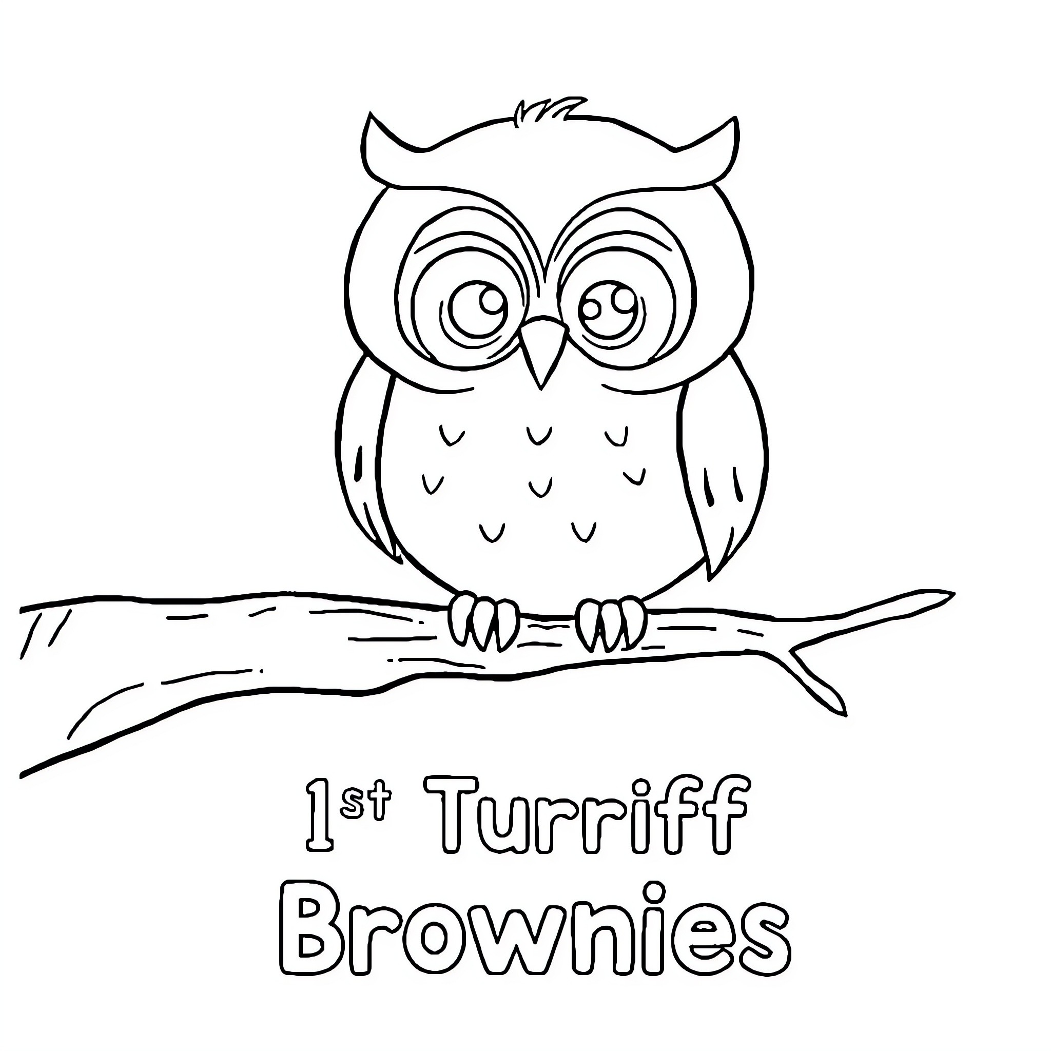 Owl perched on branch with text Coloring Page (free black-and-white line drawing printable PDF for all, from beginners to advanced learners, including children, teens, adults, and seniors)
