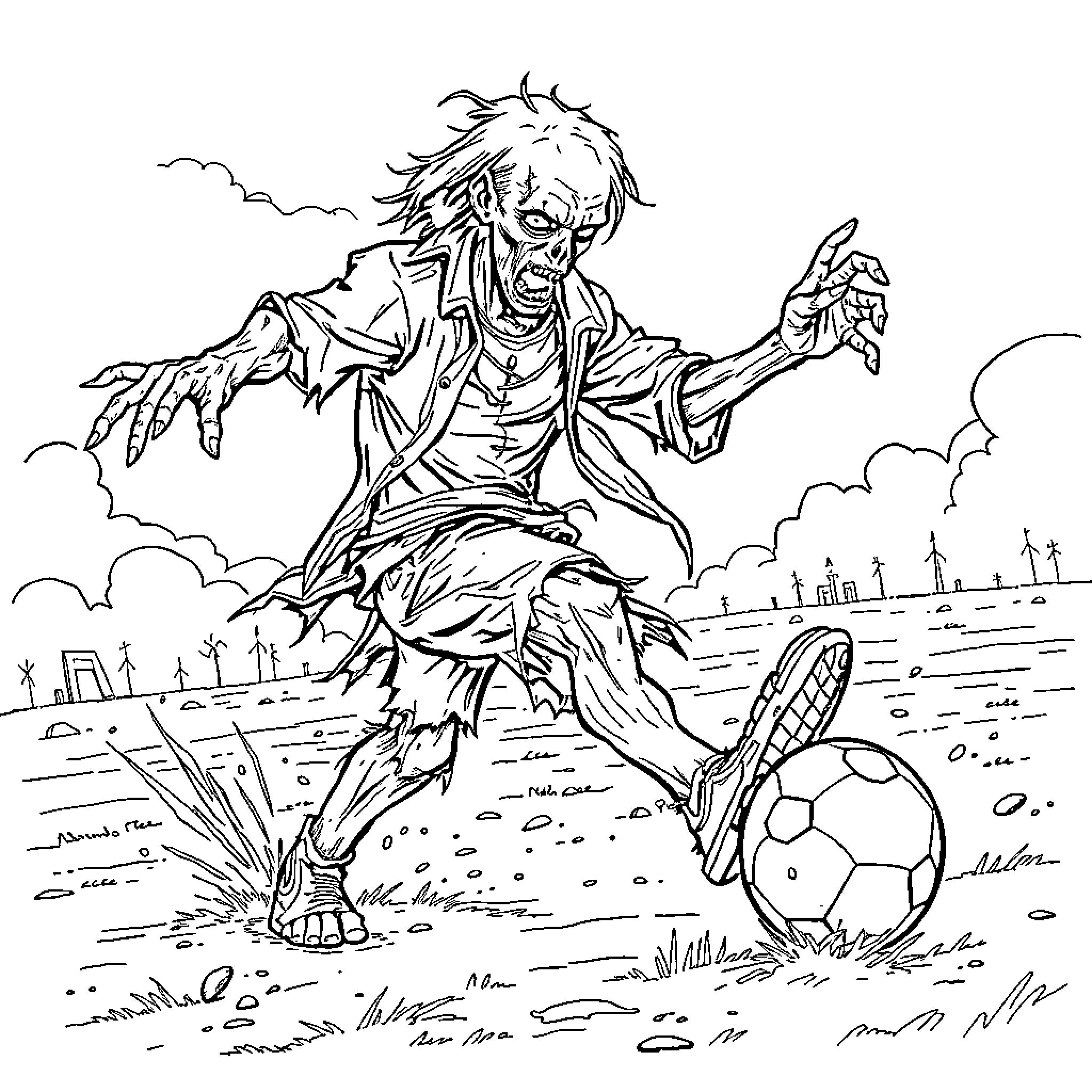 Zombie Soccer Player Ferociously Kicking the Ball Coloring Page (free black-and-white line drawing printable PDF for all, from beginners to advanced learners, including children, teens, adults, and seniors)