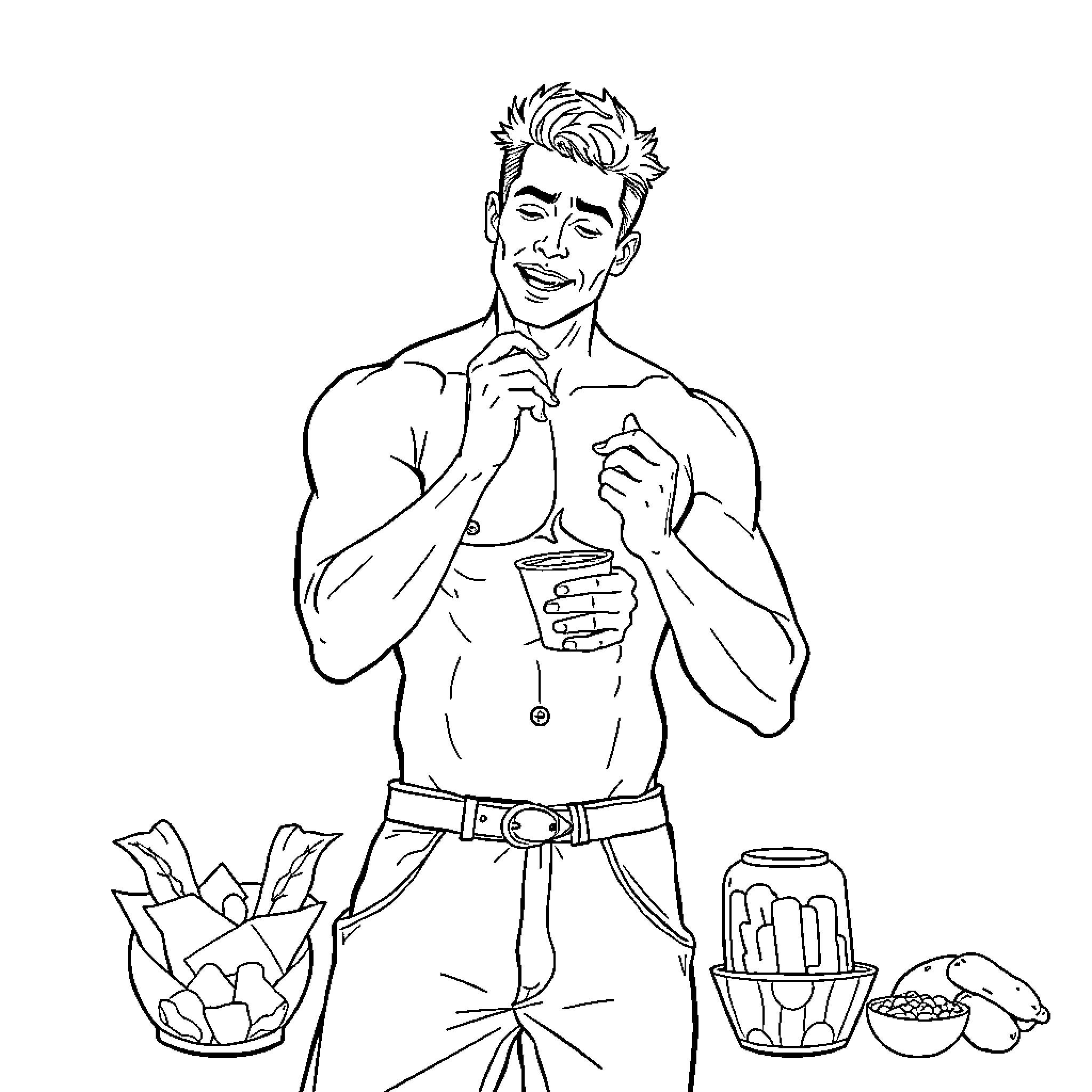 Man enjoying healthy snacks after workout Coloring Page (free black-and-white line drawing printable PDF for all, from beginners to advanced learners, including children, teens, adults, and seniors)