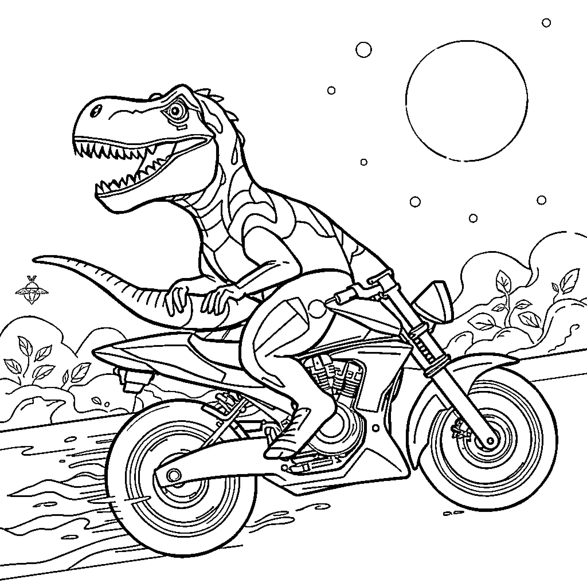 Dinosaur riding a motorcycle in the wild Coloring Page (free black-and-white line drawing printable PDF for all, from beginners to advanced learners, including children, teens, adults, and seniors)