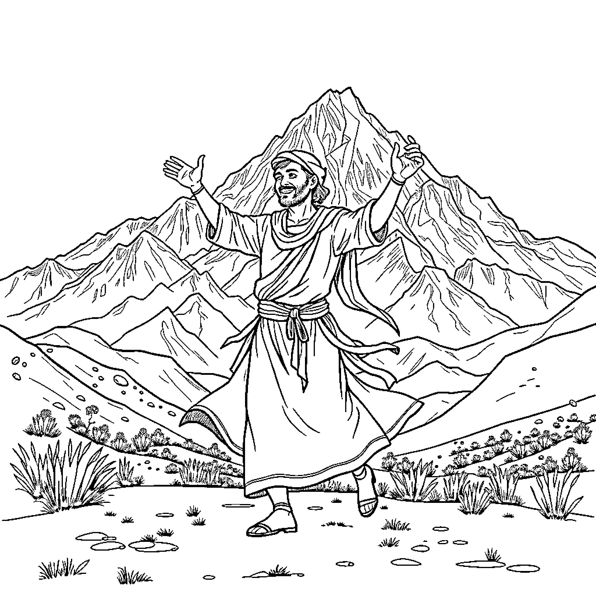Kurdish Person Joyfully Dancing in the Mountain Landscape Coloring Page (free black-and-white line drawing printable PDF for all, from beginners to advanced learners, including children, teens, adults, and seniors)