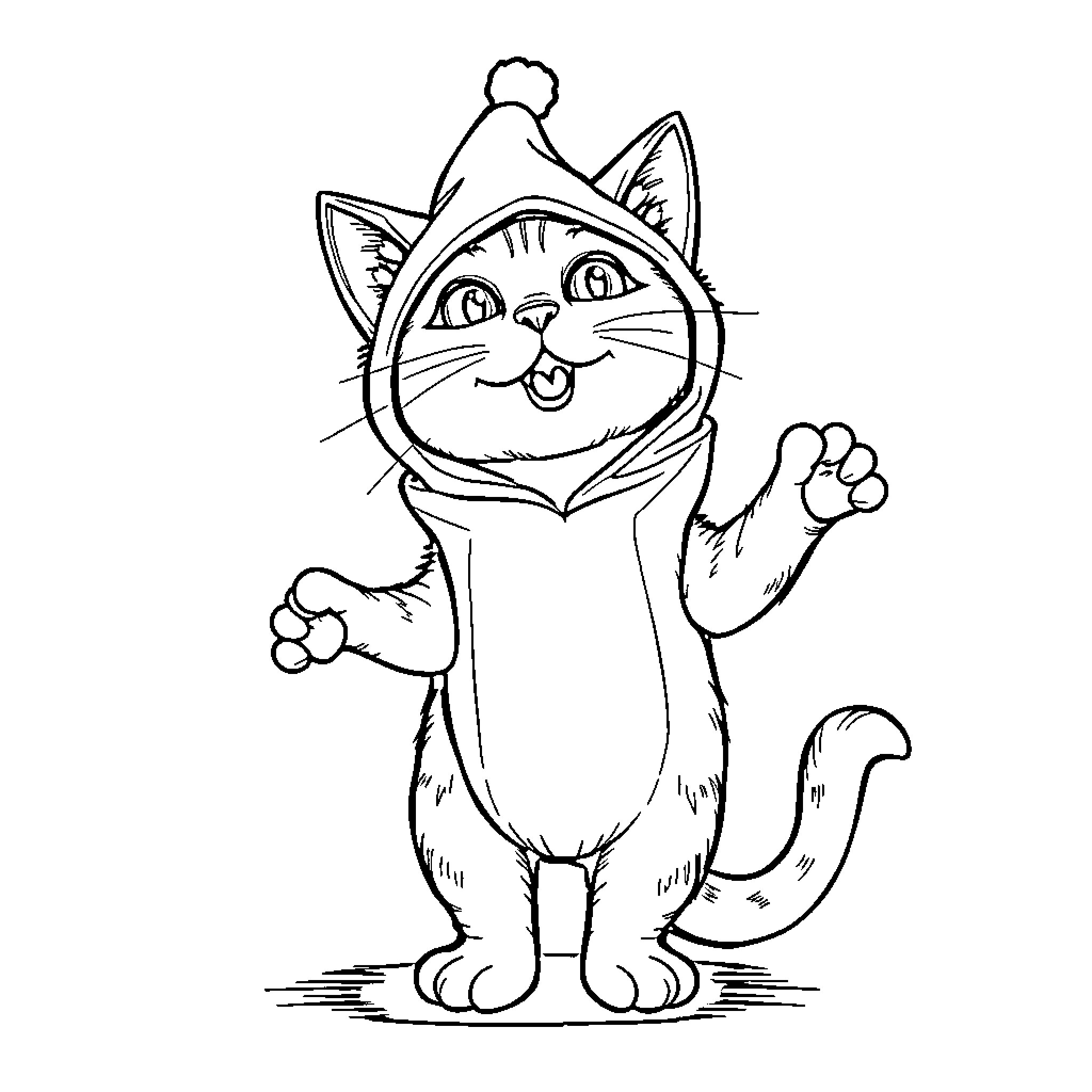 Cat wearing festive hat waving happily Coloring Page (free black-and-white line drawing printable PDF for all, from beginners to advanced learners, including children, teens, adults, and seniors)