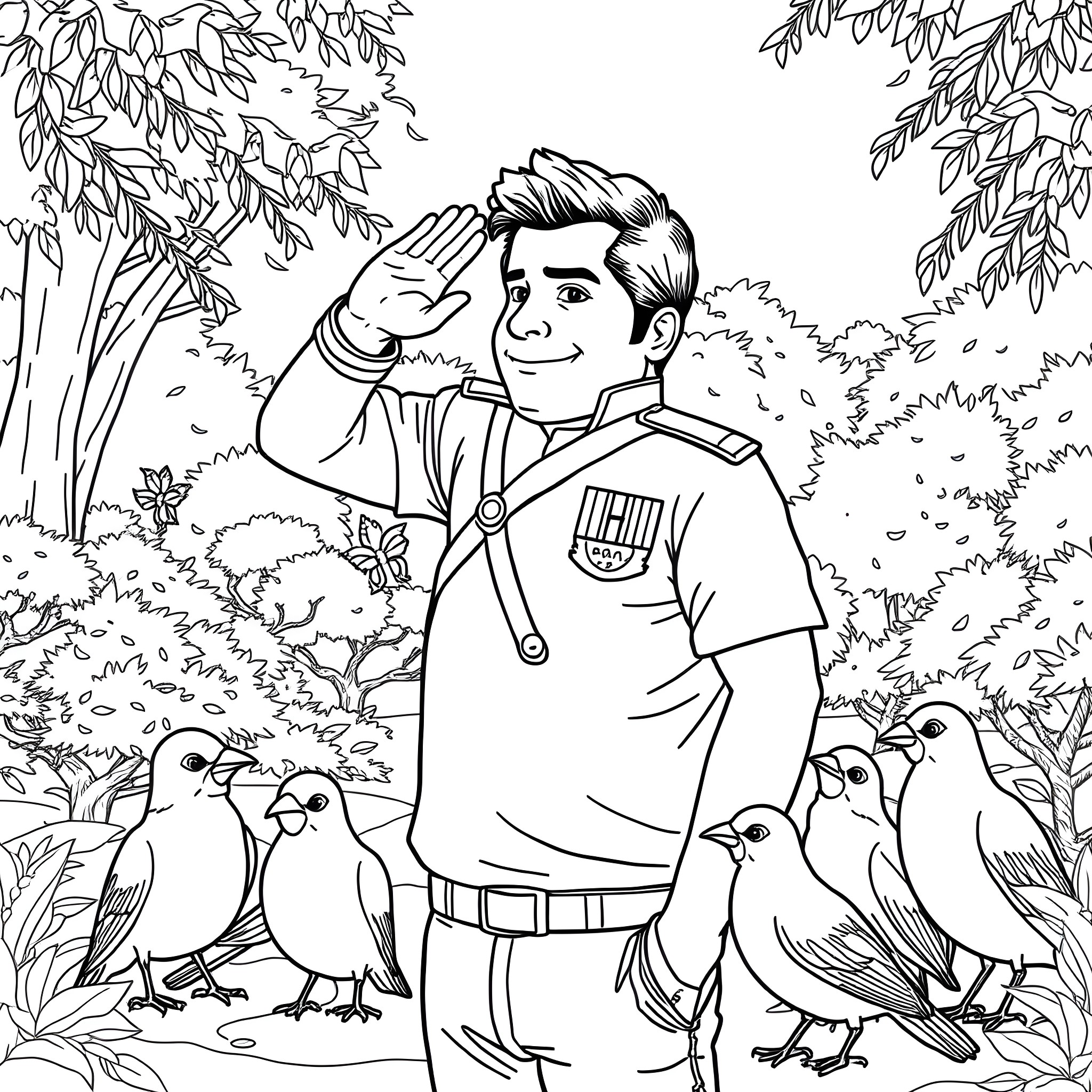 Pedro Sanchez helps birds in the forest Coloring Page (free black-and-white line drawing printable PDF for all, from beginners to advanced learners, including children, teens, adults, and seniors)