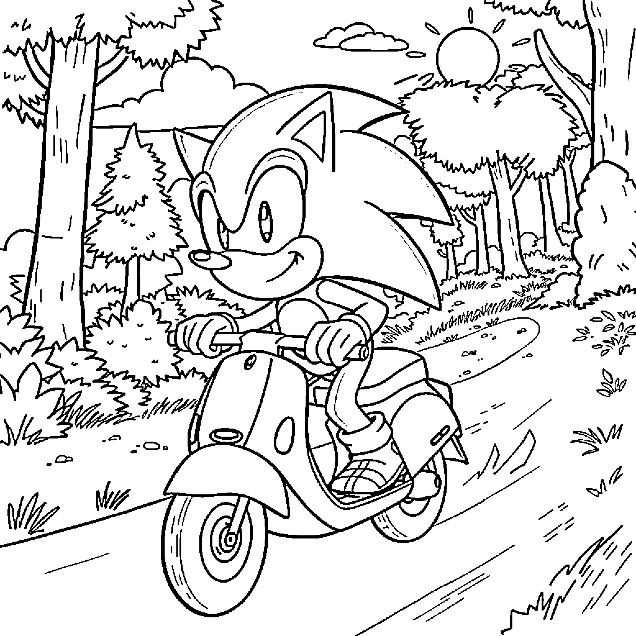 Sonic riding a scooter through the forest Coloring Page (free black-and-white line drawing printable PDF for all, from beginners to advanced learners, including children, teens, adults, and seniors)