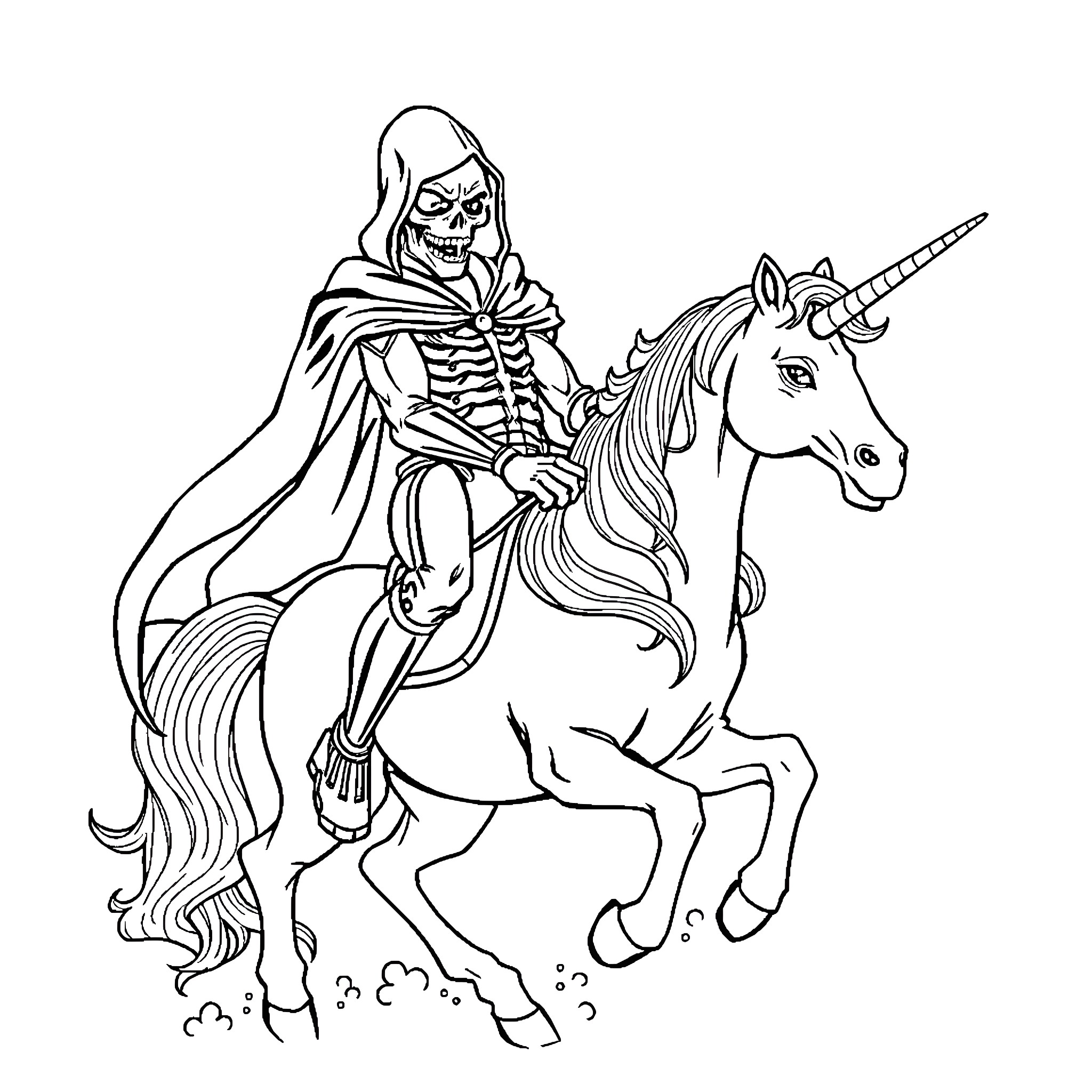 Skeletor Riding Majestic Unicorn Coloring Page (free black-and-white line drawing printable PDF for all, from beginners to advanced learners, including children, teens, adults, and seniors)