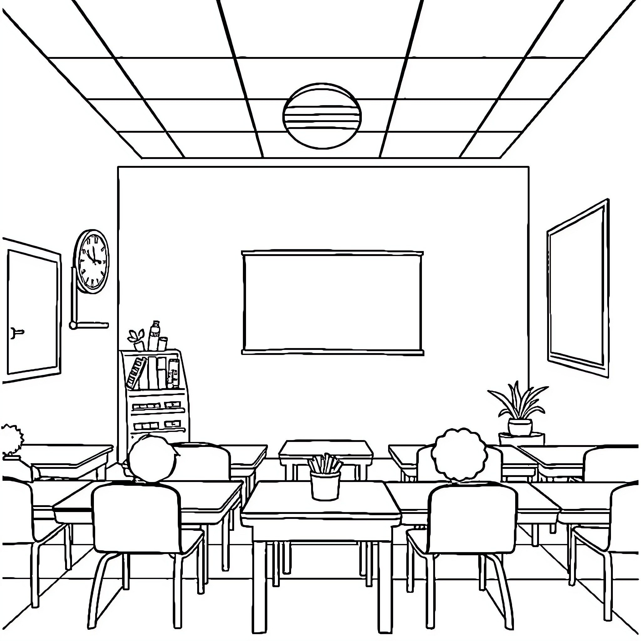 School Classroom with Desks and Educational Supplies Coloring Page (free black-and-white line drawing printable PDF for all, from beginners to advanced learners, including children, teens, adults, and seniors)