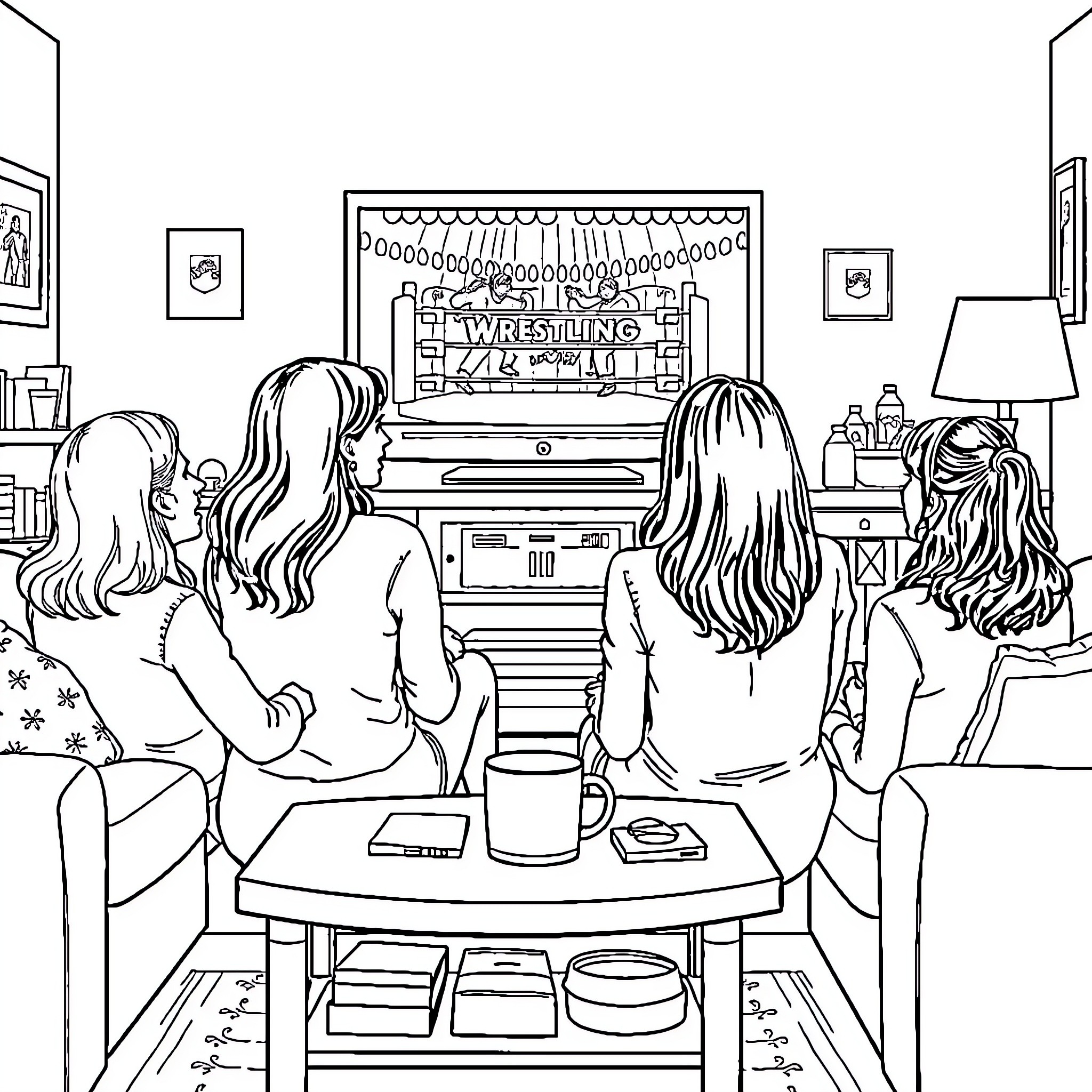 Gilmore Girls' friends gather for a casual afternoon Coloring Page (free black-and-white line drawing printable PDF for all, from beginners to advanced learners, including children, teens, adults, and seniors)