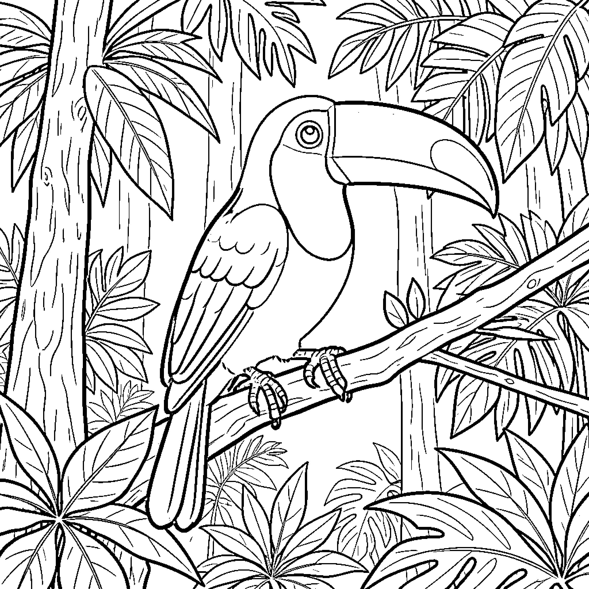 Toucan perched amidst lush vegetation Coloring Page (free black-and-white line drawing printable PDF for all, from beginners to advanced learners, including children, teens, adults, and seniors)