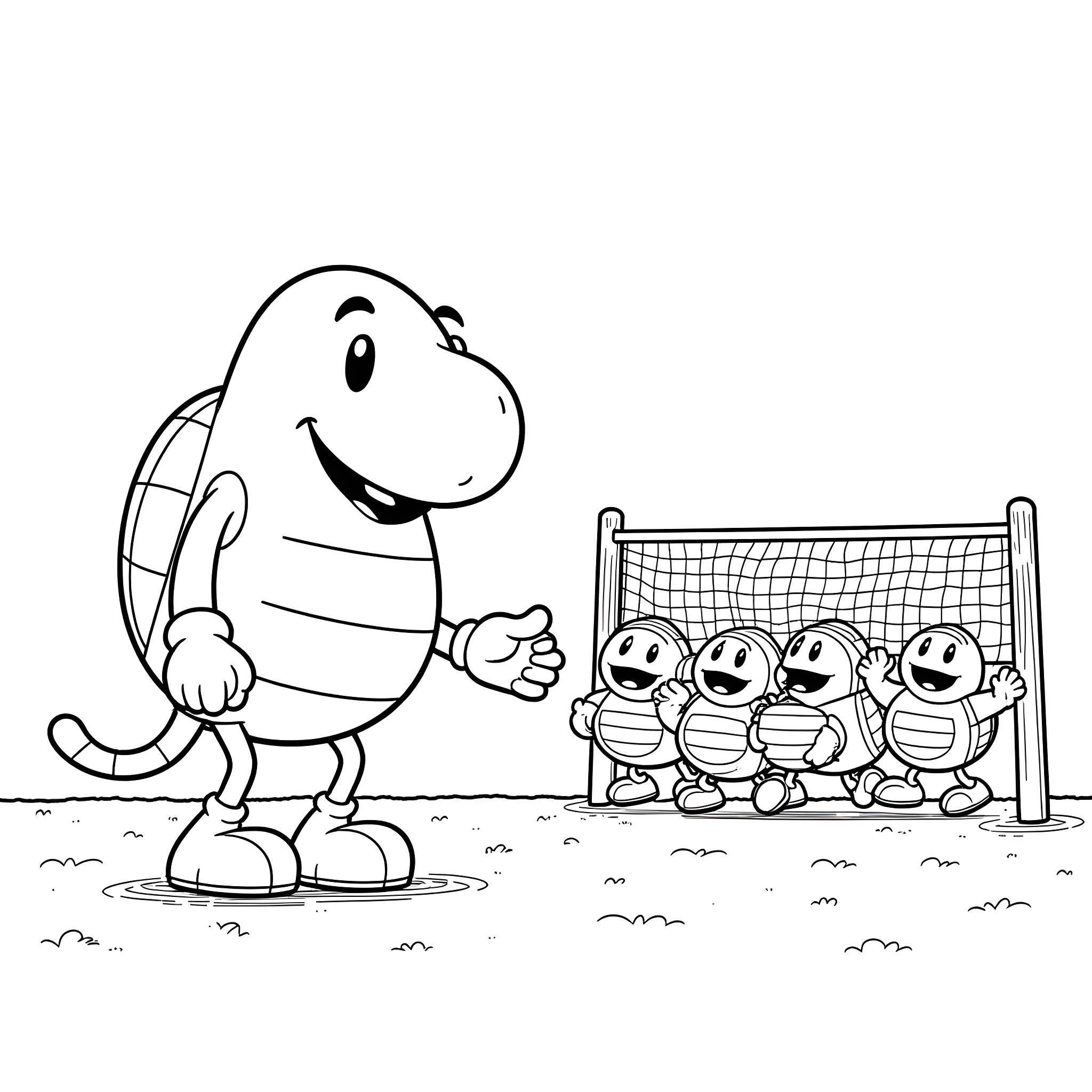 Goomba smiling with group of Goombas playing soccer Coloring Page (free black-and-white line drawing printable PDF for all, from beginners to advanced learners, including children, teens, adults, and seniors)