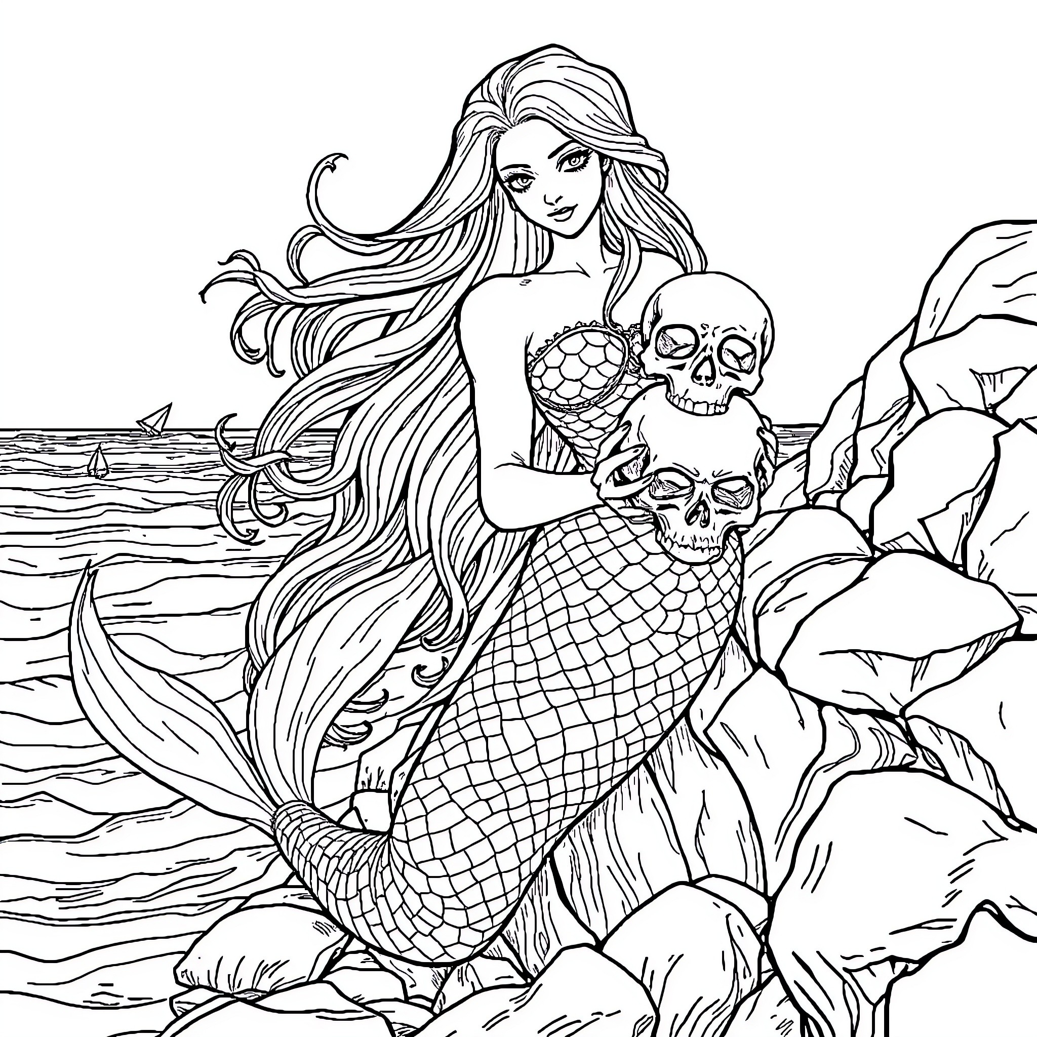 Mermaid with Skulls in Oceanic Scene Coloring Page (free black-and-white line drawing printable PDF for all, from beginners to advanced learners, including children, teens, adults, and seniors)