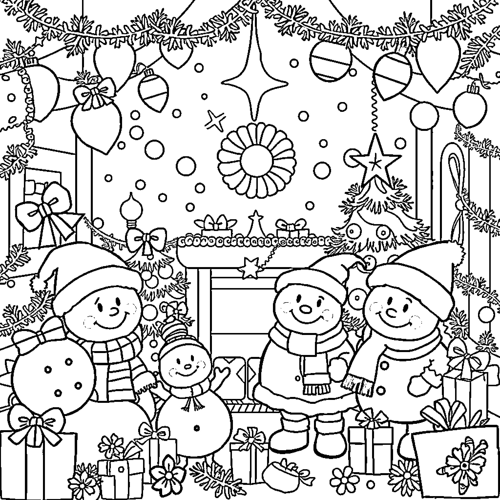Kawaii Christmas Celebration Scene Coloring Page (free black-and-white line drawing printable PDF for all, from beginners to advanced learners, including children, teens, adults, and seniors)