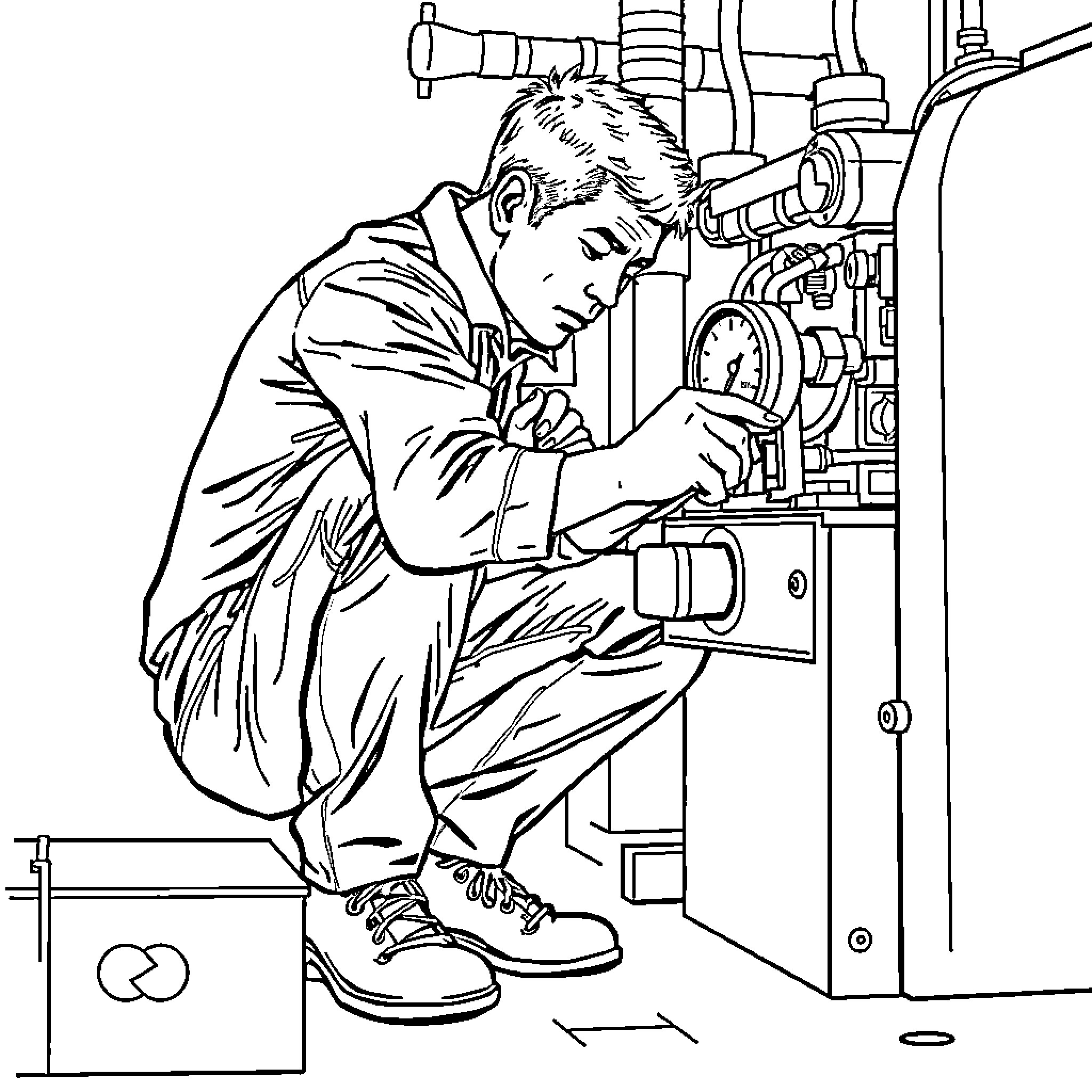 Man working intently on machinery in an industrial setting Coloring Page (free black-and-white line drawing printable PDF for all, from beginners to advanced learners, including children, teens, adults, and seniors)
