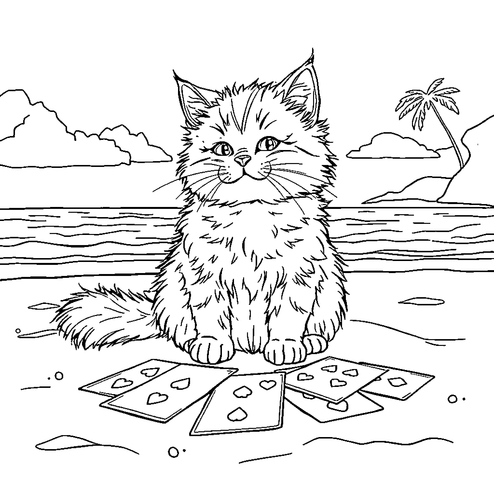 Cat relaxing on the beach Coloring Page (free black-and-white line drawing printable PDF for all, from beginners to advanced learners, including children, teens, adults, and seniors)