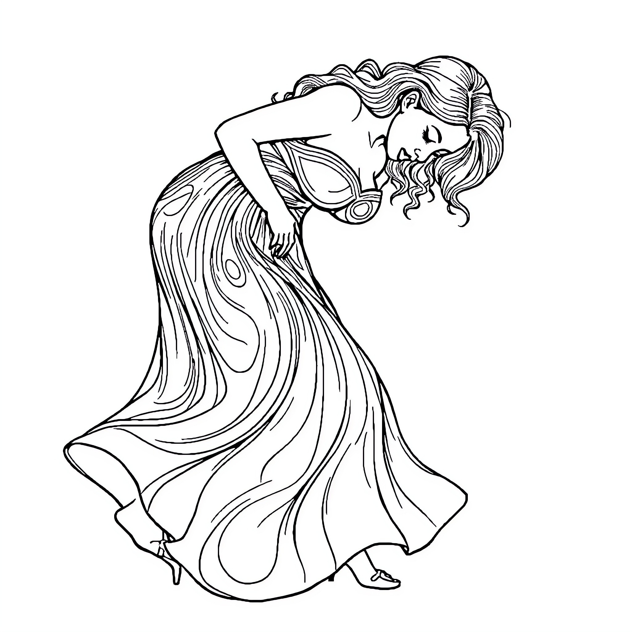 Lady in Elegant Flowing Dress Coloring Page (free black-and-white line drawing printable PDF for all, from beginners to advanced learners, including children, teens, adults, and seniors)