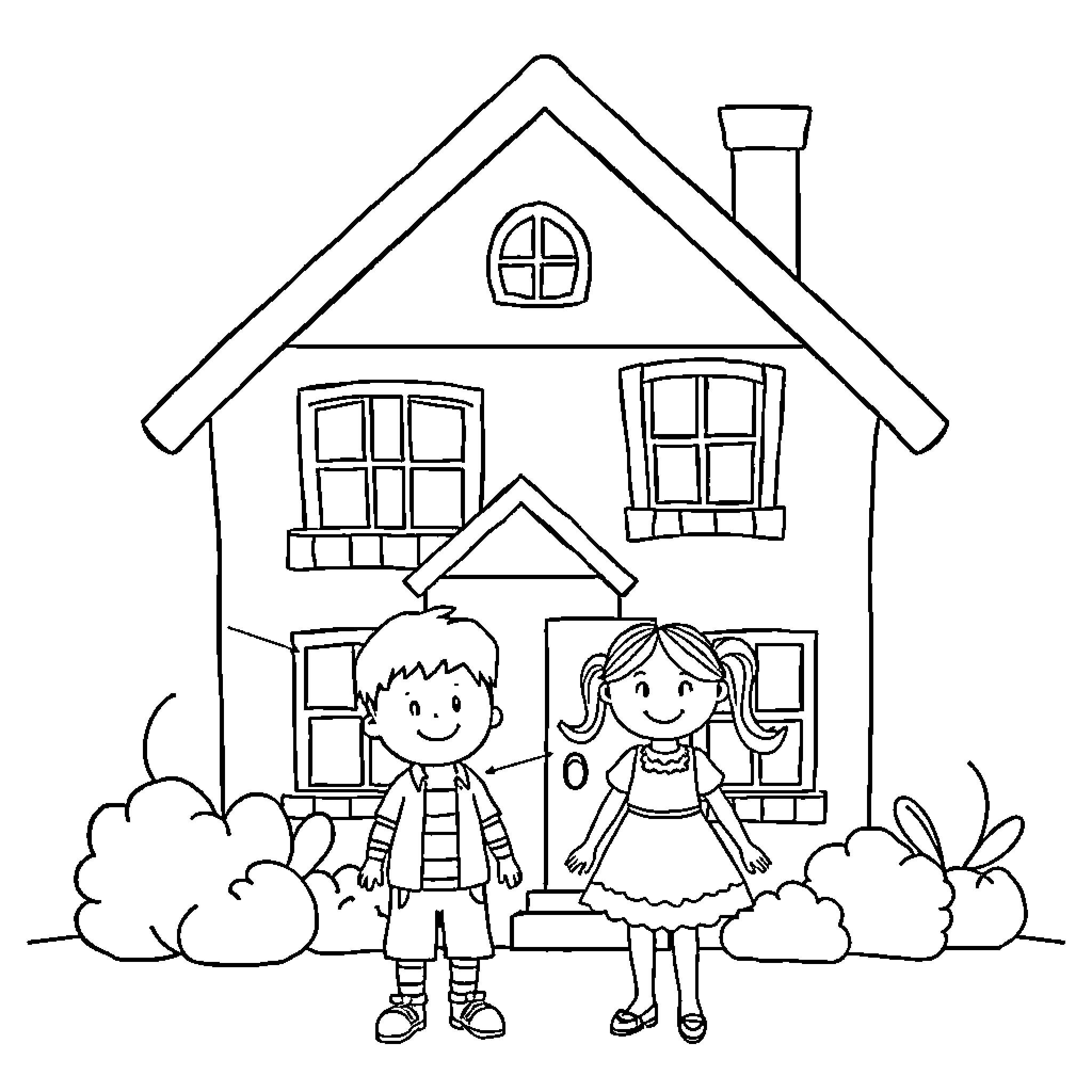 House with children playing outside Coloring Page (free black-and-white line drawing printable PDF for all, from beginners to advanced learners, including children, teens, adults, and seniors)