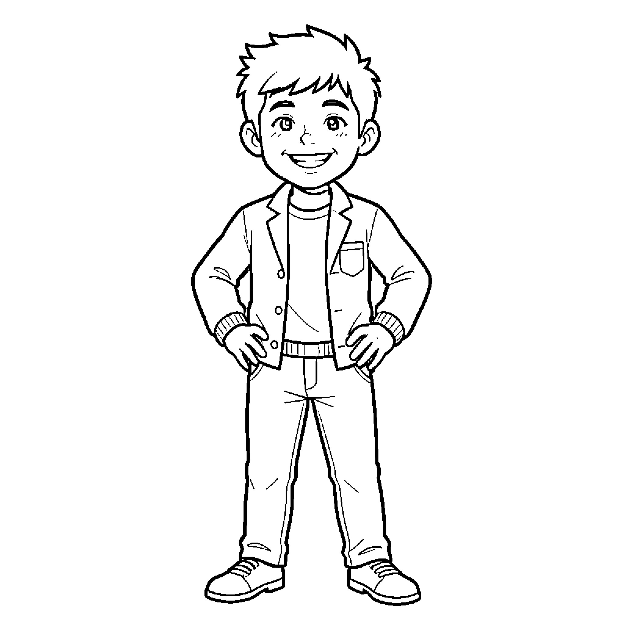 Hiro Karmi's Joyful Expressions and Casual Attire Coloring Page (free black-and-white line drawing printable PDF for all, from beginners to advanced learners, including children, teens, adults, and seniors)