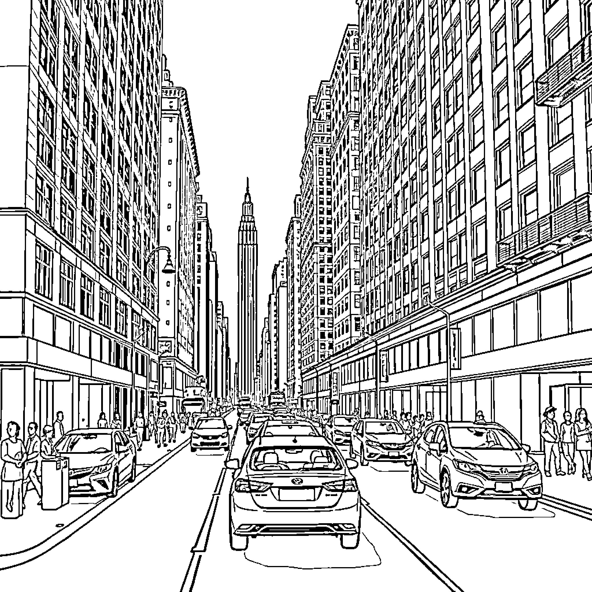 Street scene with busy traffic and skyscrapers Coloring Page (free black-and-white line drawing printable PDF for all, from beginners to advanced learners, including children, teens, adults, and seniors)