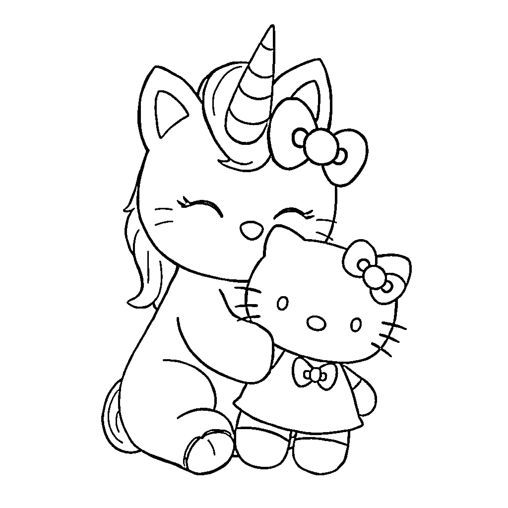 Kittycorn and Kitty Cat Friends Coloring Page (free black-and-white line drawing printable PDF for all, from beginners to advanced learners, including children, teens, adults, and seniors)
