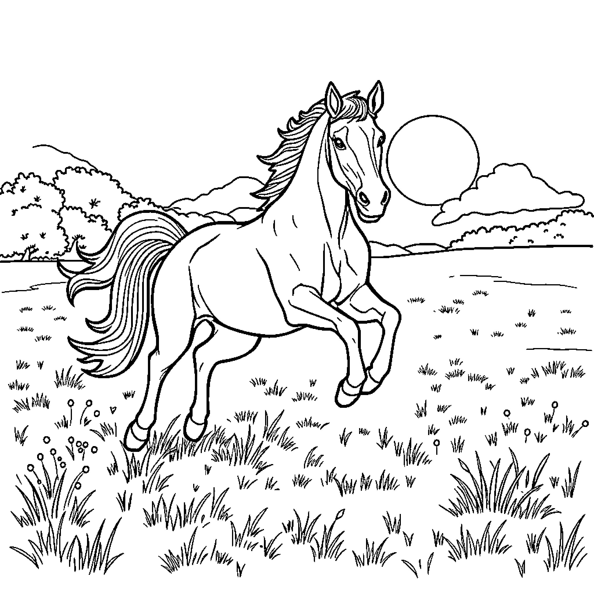Horse running freely in the countryside Coloring Page (free black-and-white line drawing printable PDF for all, from beginners to advanced learners, including children, teens, adults, and seniors)
