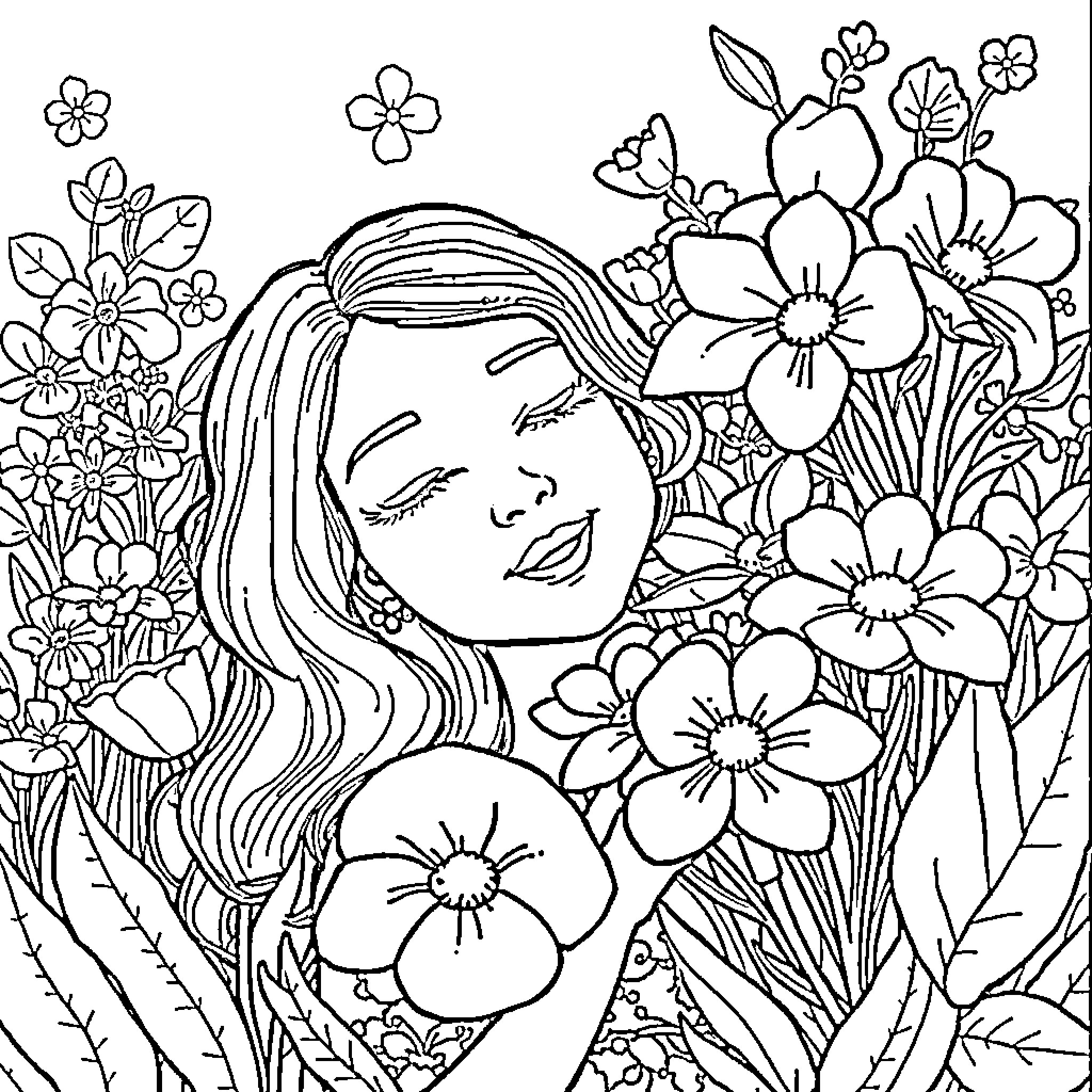 Chica surrounded by blooming flowers Coloring Page (free black-and-white line drawing printable PDF for all, from beginners to advanced learners, including children, teens, adults, and seniors)