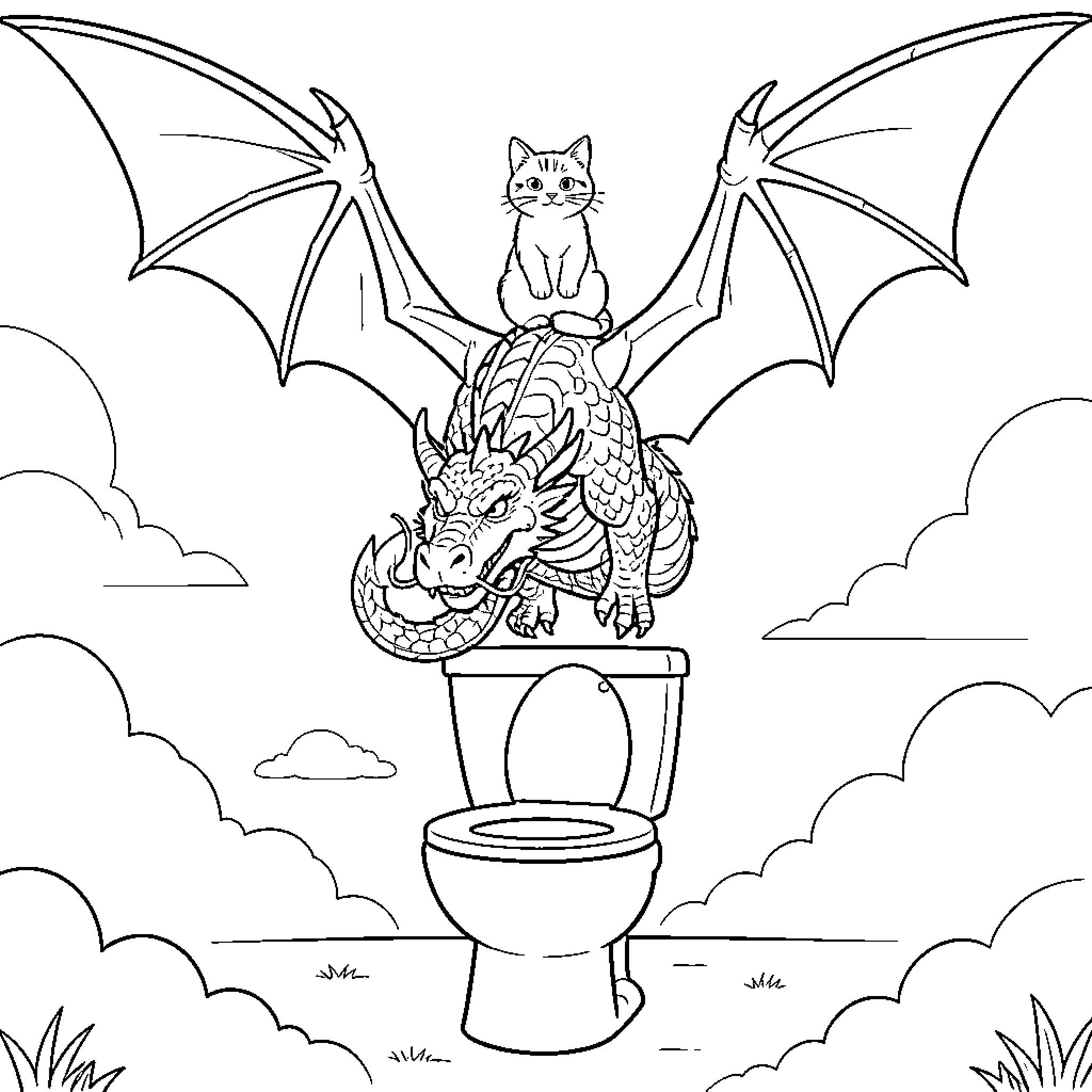 Cat sitting atop a fantasy dragon on a toilet Coloring Page (free black-and-white line drawing printable PDF for all, from beginners to advanced learners, including children, teens, adults, and seniors)