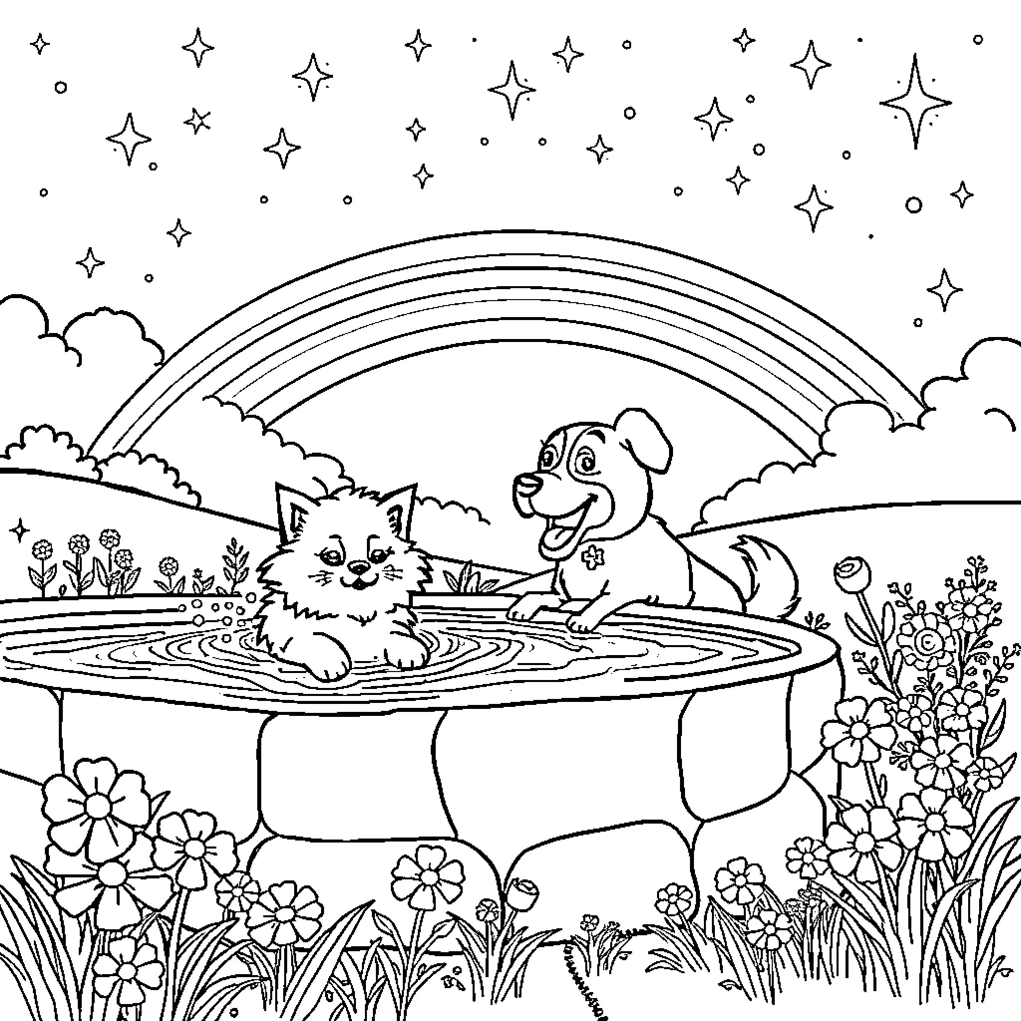 Cat and Dog Enjoying a Playful Day in the Garden Coloring Page (free black-and-white line drawing printable PDF for all, from beginners to advanced learners, including children, teens, adults, and seniors)