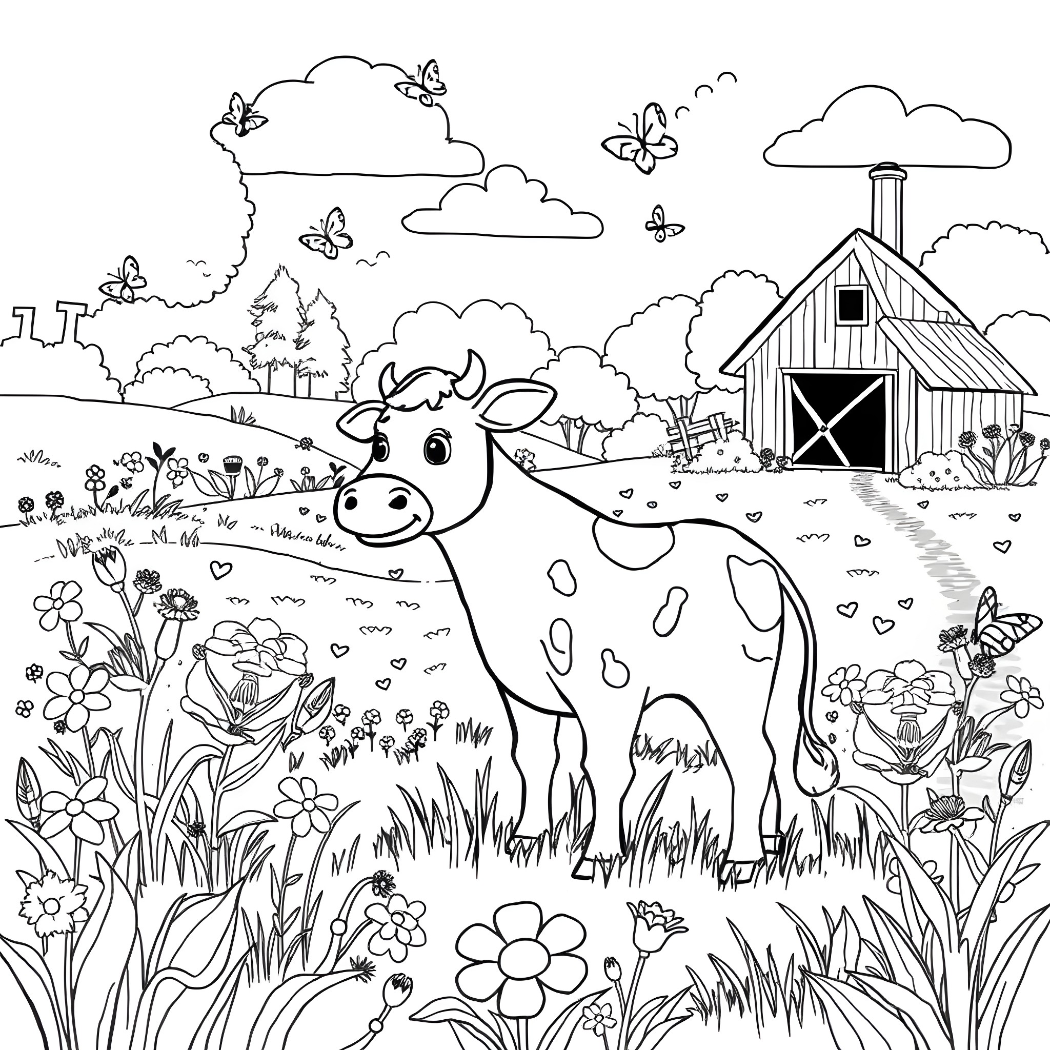 Crelly's Charming Farmstead Adventure Coloring Page (free black-and-white line drawing printable PDF for all, from beginners to advanced learners, including children, teens, adults, and seniors)