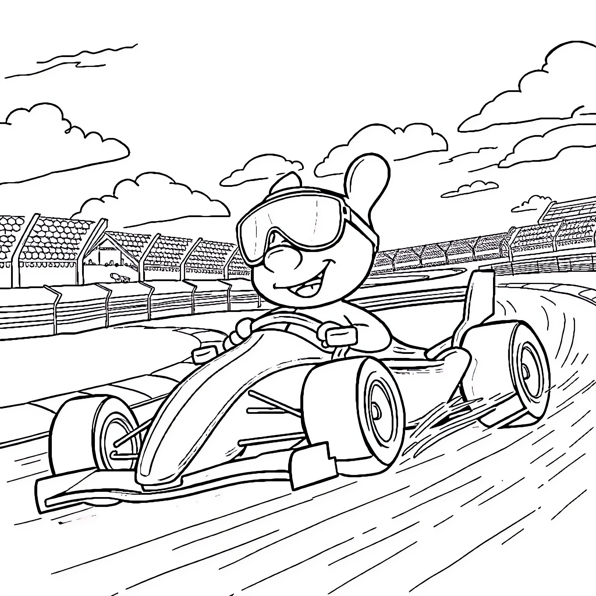 Bluey Racing Joyfully in Formula One Car Coloring Page (free black-and-white line drawing printable PDF for all, from beginners to advanced learners, including children, teens, adults, and seniors)