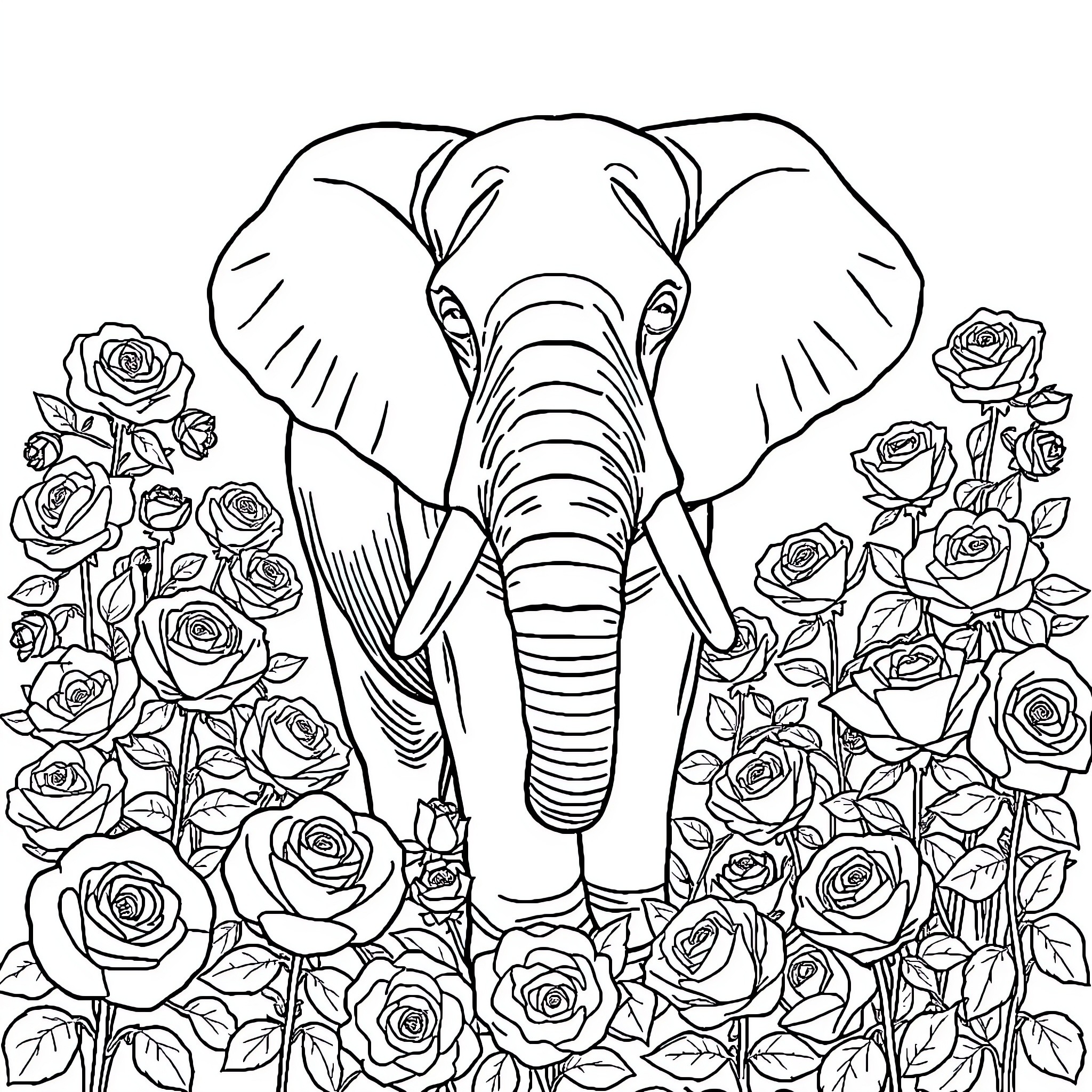 Elephant amidst a bed of roses Coloring Page (free black-and-white line drawing printable PDF for all, from beginners to advanced learners, including children, teens, adults, and seniors)