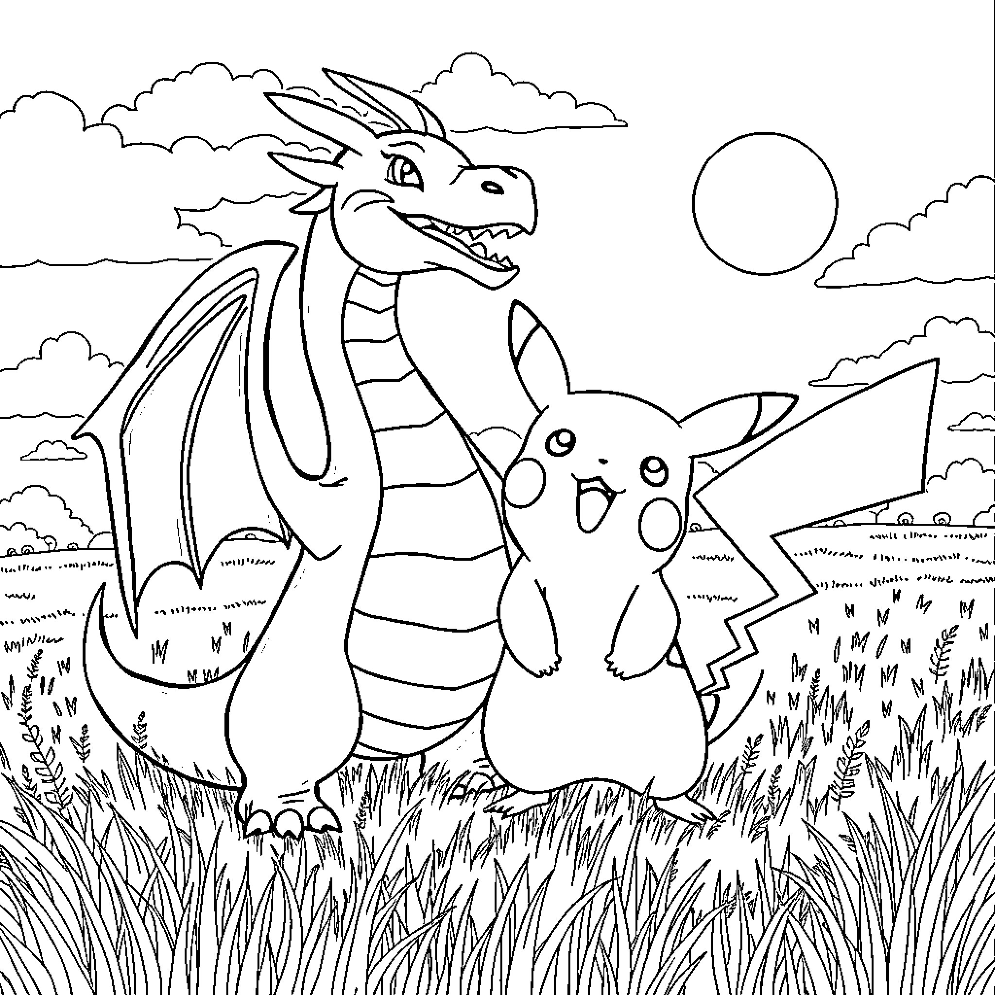 Dracaufeu and Pikachu playing in the meadow Coloring Page (free black-and-white line drawing printable PDF for all, from beginners to advanced learners, including children, teens, adults, and seniors)